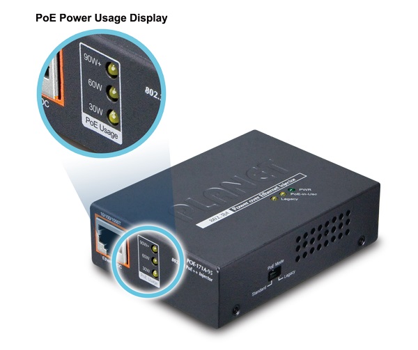 Planet POE-171A-95 Single-Port 10/100/1000Mbps 802.3bt Ultra PoE Injector (95 Watts, PoH, Legacy mode support, PoE Usage LED) w/ external power adapter