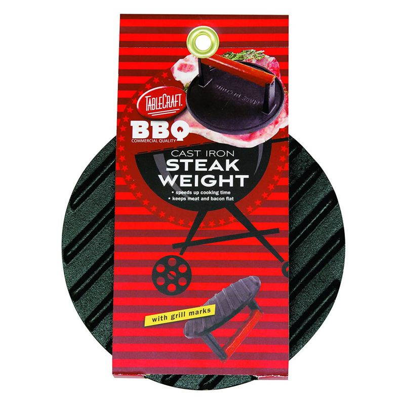 TableCraft BBQ3015 BBQ Coated Cast Iron 7-Inch Round Steak Weight with Wood Handle, Small, Black