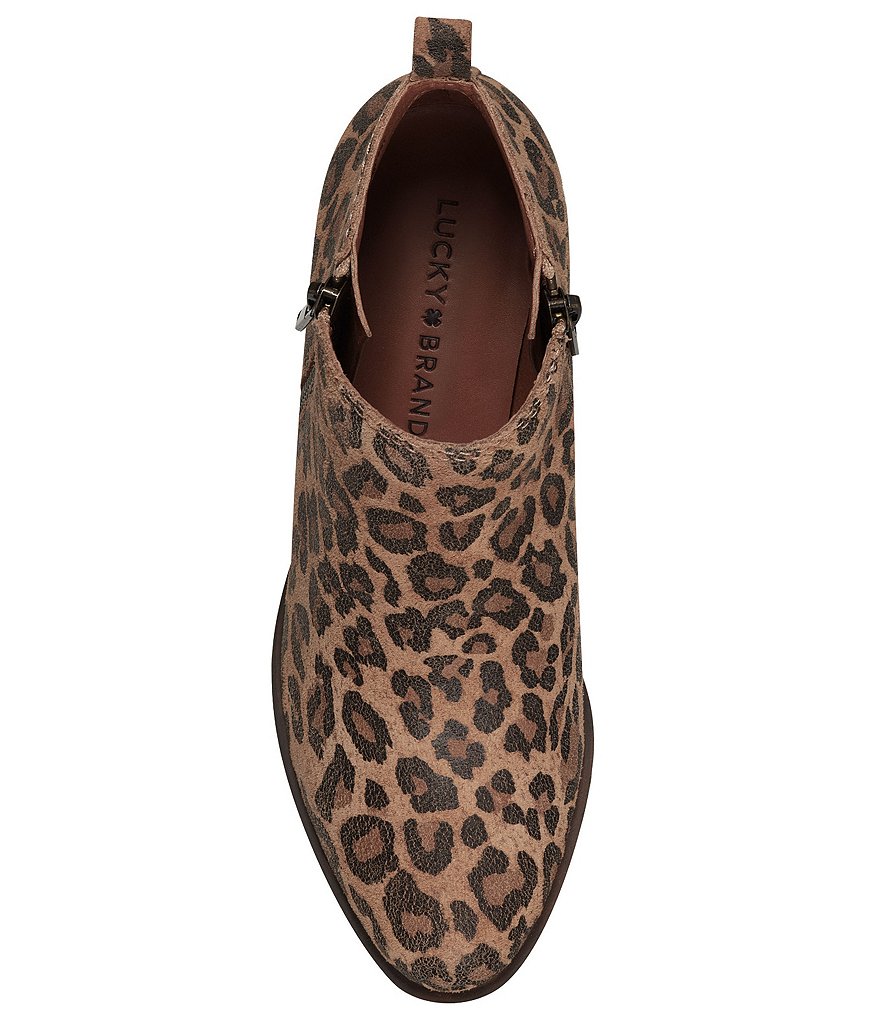 Lucky Brand Basel Leopard Printed Leather Side Zip Block Heel Ankle Booties