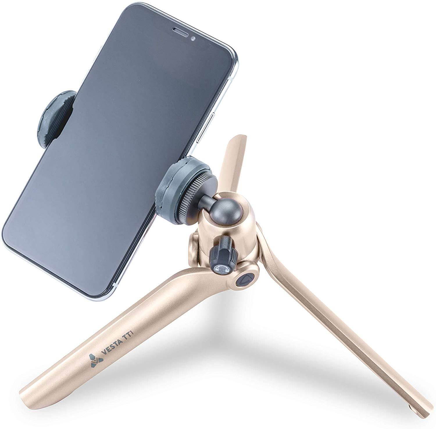 VANGUARD Vesta TT Aluminum Tabletop Tripod with Smart Phone Holder- Champagne (Vesta TT1 CHAM)