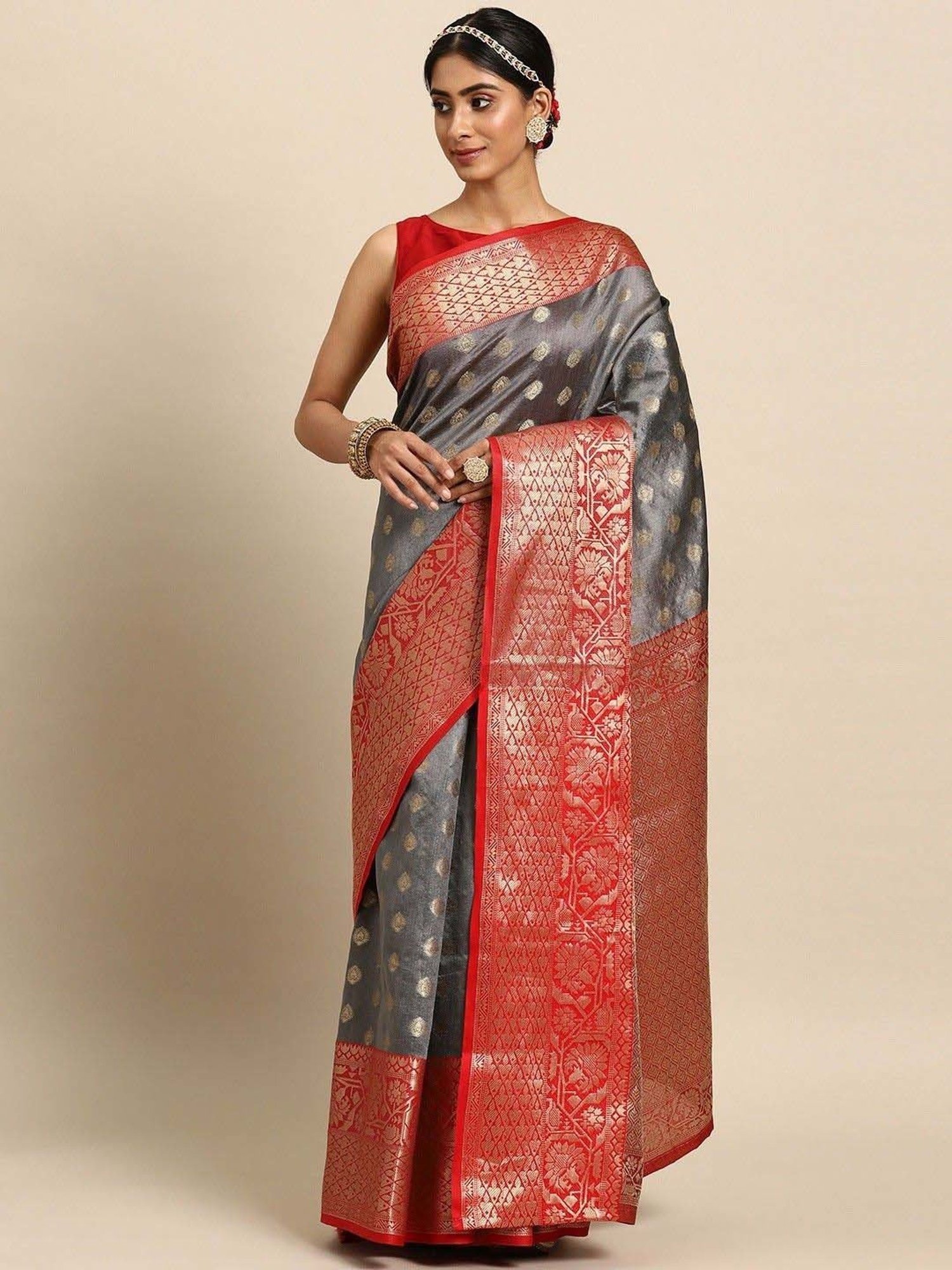 Silk Land Grey & Red Woven Saree With Unstitched Blouse