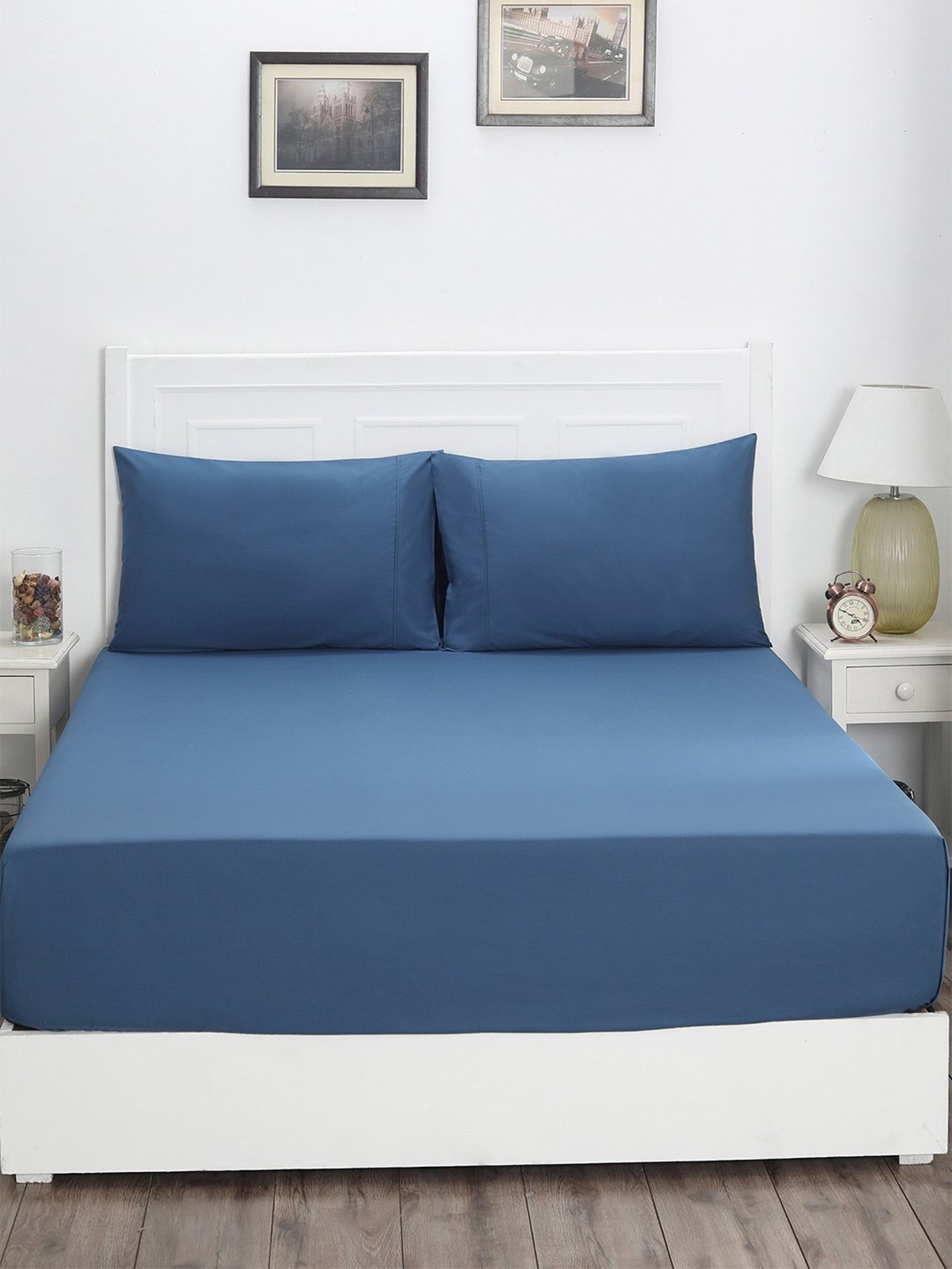 Maspar Colorart Slumber Blue 200 TC Cotton Queen Size Bed Sheet with 2 Pillow Cover