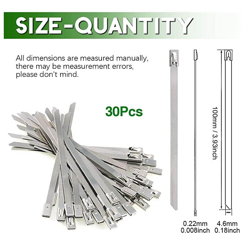 30Pcs 4 Inches 304 Stainless Steel Zip Ties Exhaust Wrap Coated Locking Metal Cable Zip Ties for Computer Wire Harness Automotive Parts and more