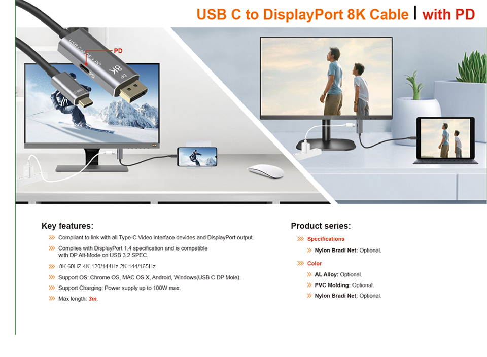 Thunderbolt 3 USB C DP1.4 Type C Cable to Displayport+PD Charging Port 8K HD Video Adapter Cable
