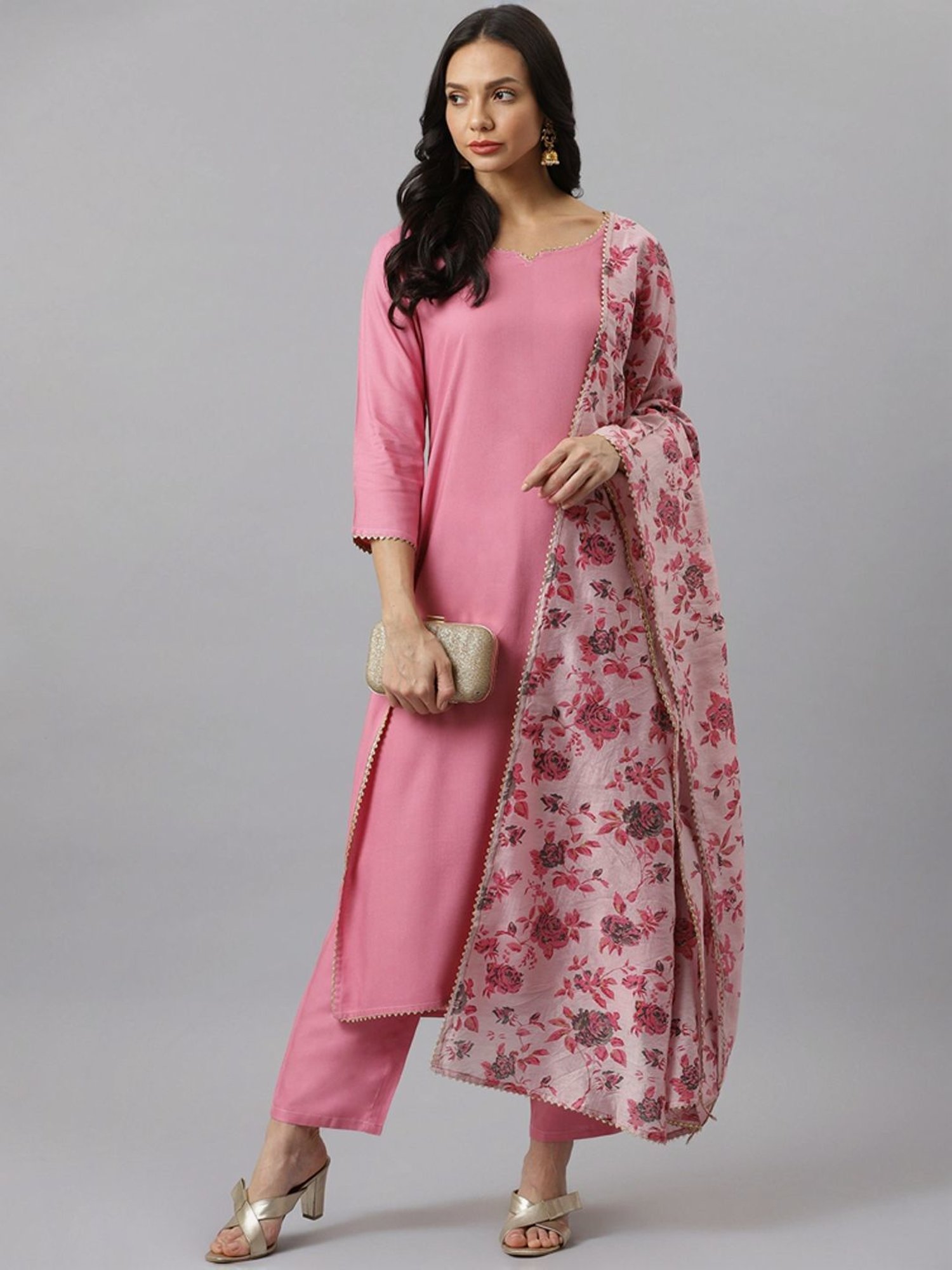 Stylum Mulberry Pink Plain Kurta & Pant Set With Dupatta