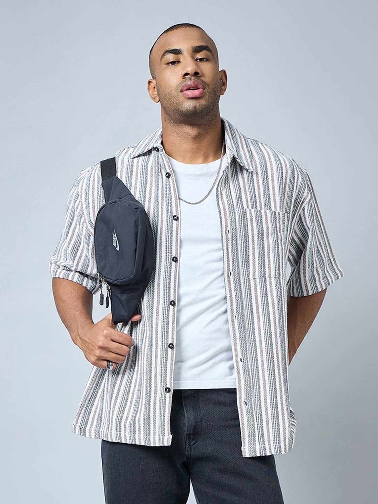 CHIMPAAANZEE White & Brown Loose Fit Striped Oversized Shirt