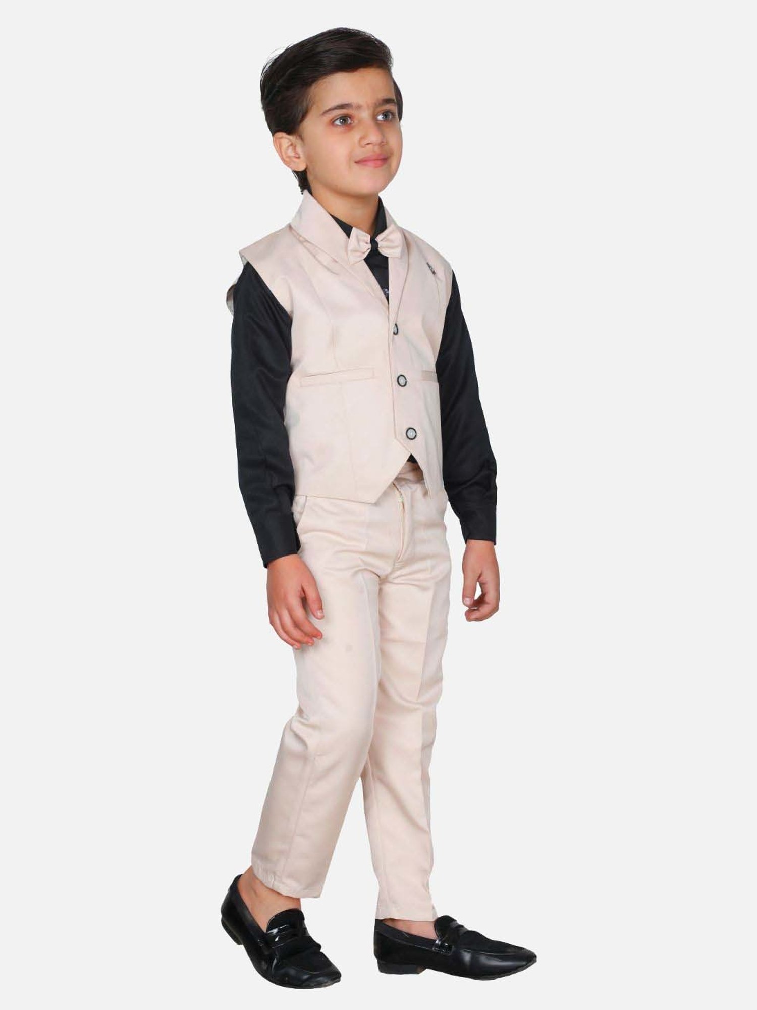 Fourfolds Boys Cream Solid Full Sleeves Clothing Set