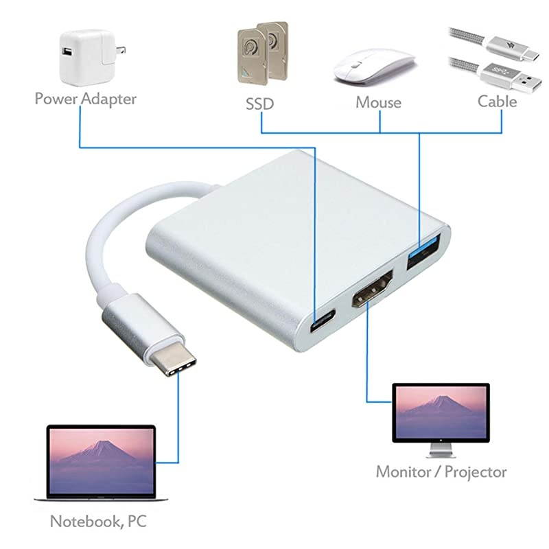 Digital AV Multiport Adapter, 3 in 1 USB Type C to 4K HDMI Video Converter Compatible for MacBook Pro/Air/ iPad Pro/S8+/S9+/Chromebook/Surface Pro7, Aluminium Alloy, Silver