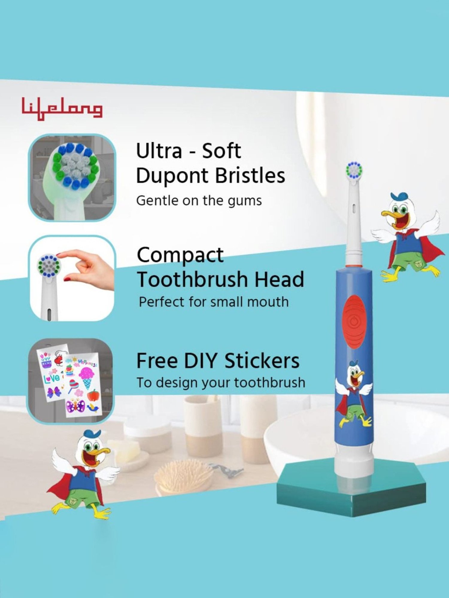 Lifelong LLDC90 Electric Toothbrush with Free Clove Dental Health Plan for Kids (Sky Blue)