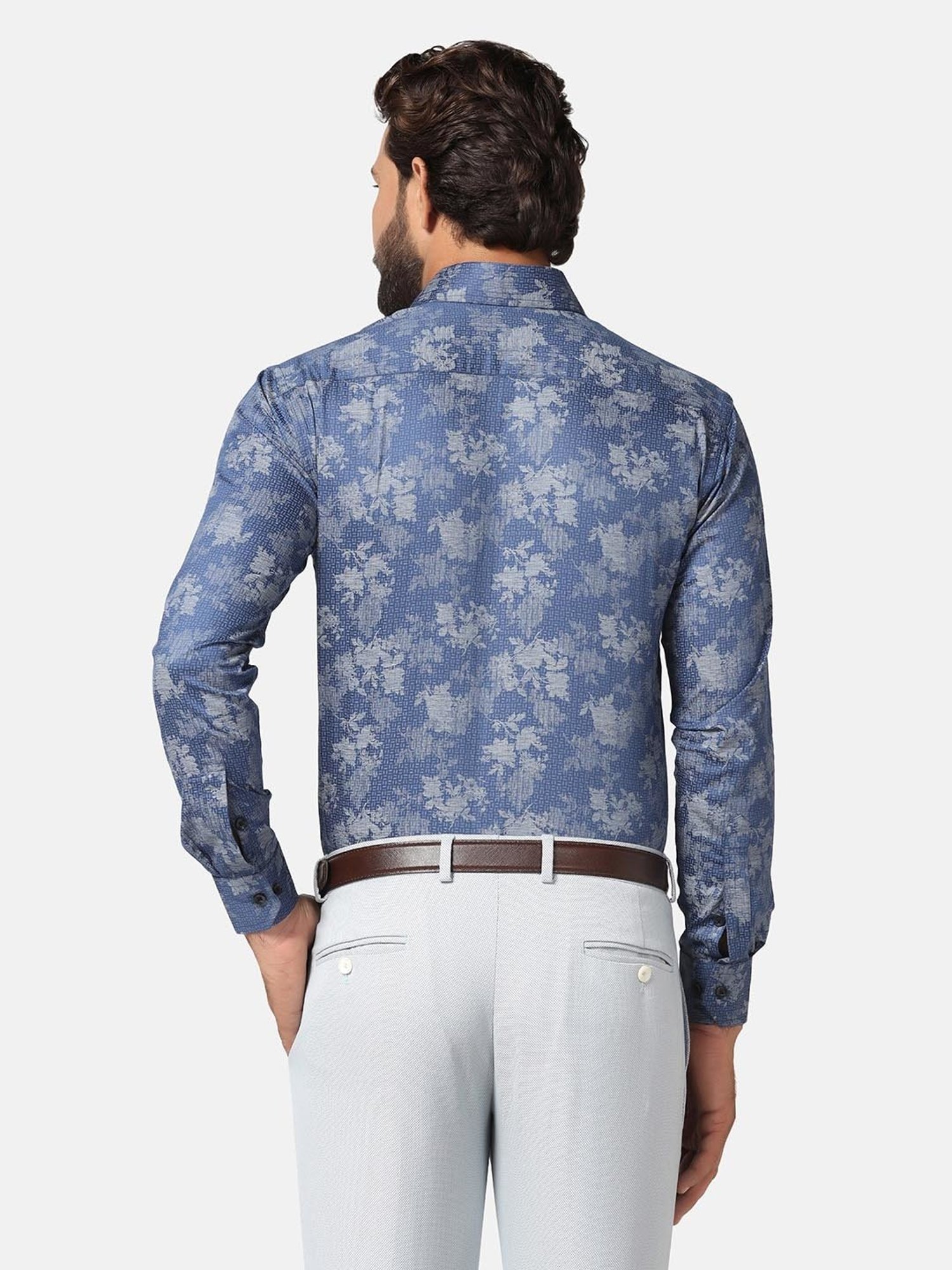 TAHVO Dark Blue Slim Fit Printed Shirt