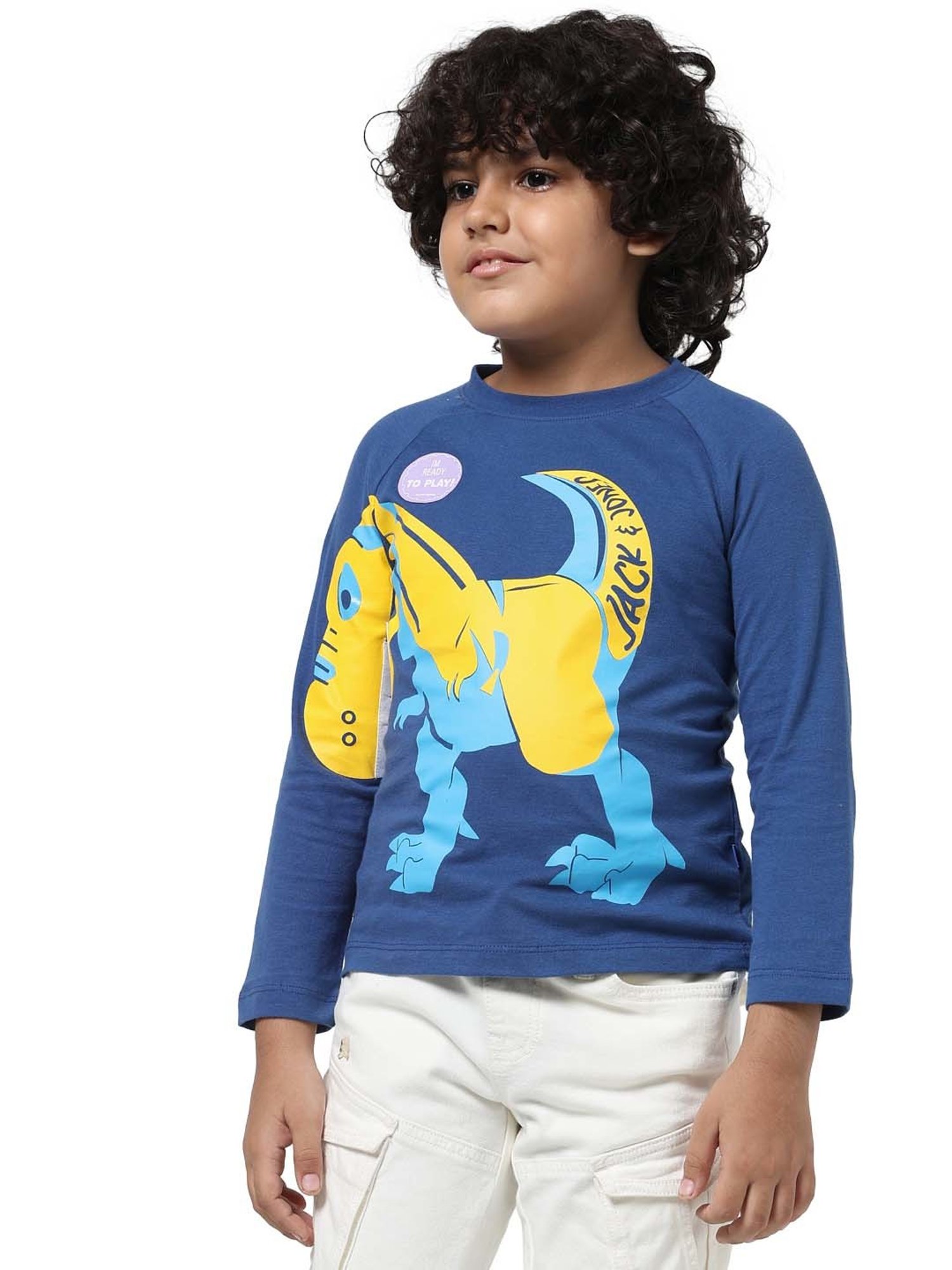 Jack & Jones Junior Blue & Yellow Cotton Printed Full Sleeves T-Shirt