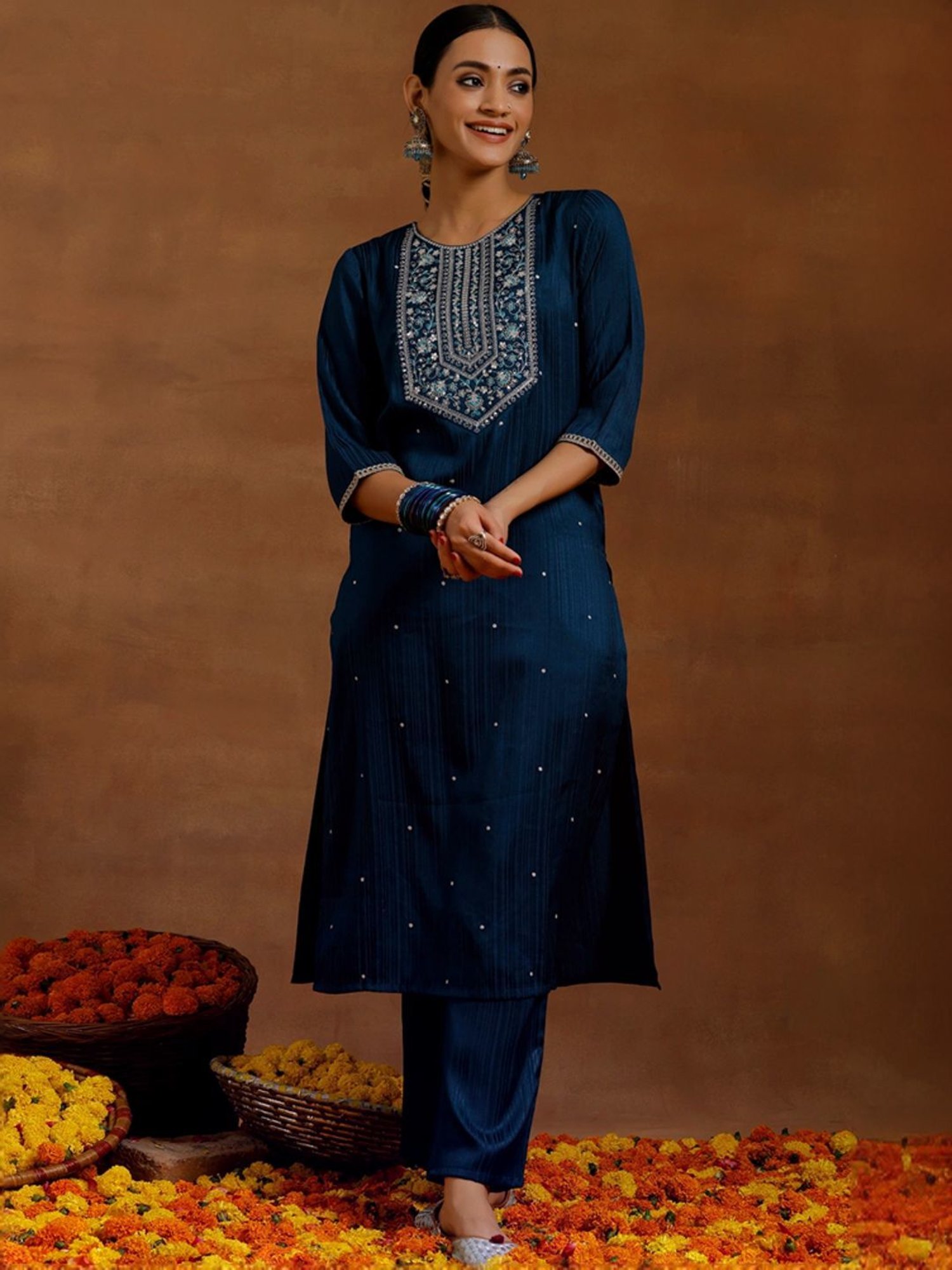 Libas Blue Embellished Kurta Pant Set