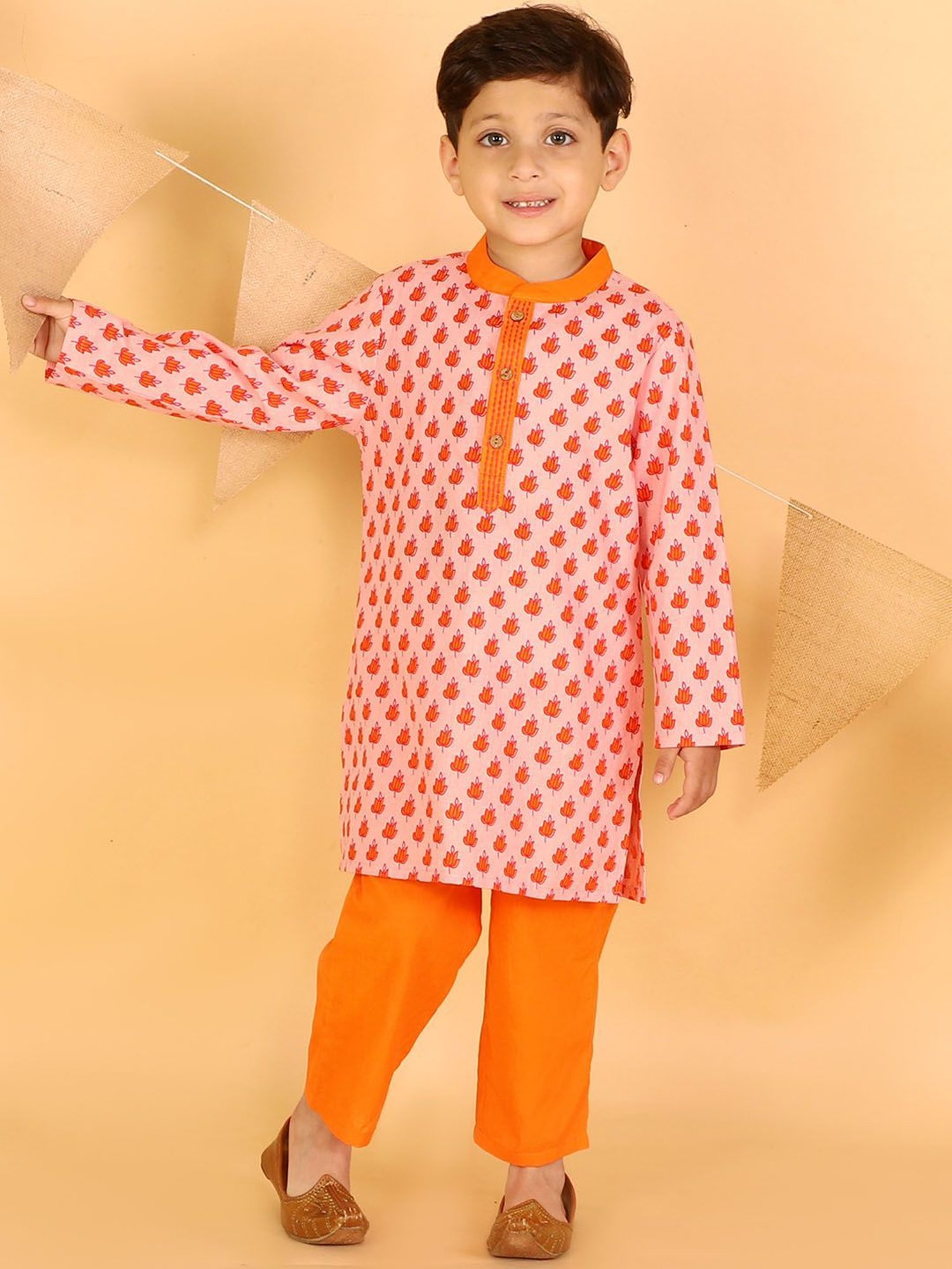 Lil Drama Kids Light Pink & Orange Floral Print Full Sleeves Kurta with Pyjamas