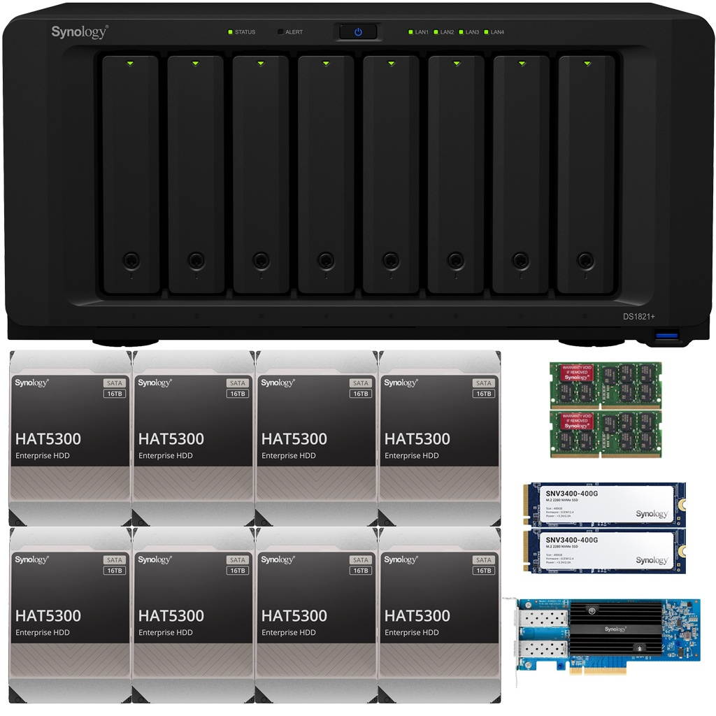 Synology DS1821+ DiskStation with 32GB RAM, 800GB (2x400GB) Cache, an E25G21-F2 25GbE Card and 128TB (8 x 16TB) of Synology Enterprise HAT5300 Drives Fully Assembled and Tested By CustomTechSales