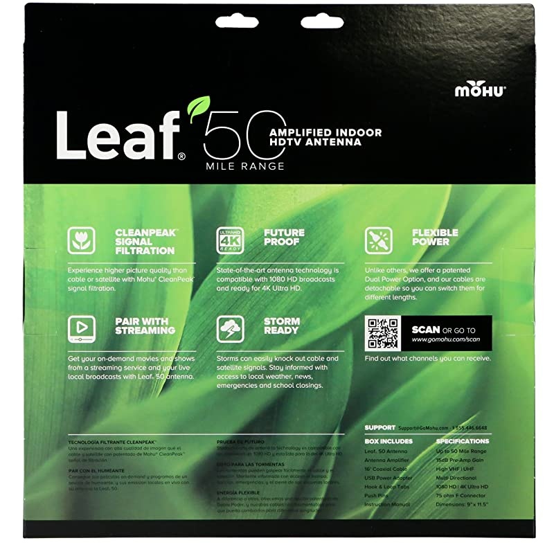 Leaf 50 Amplified Indoor TV Antenna, 60-Mile Range, UHF/VHF Multi-directional, Paper-Thin, 16 ft. Coaxial Cable, 15dB Amplifier with USB Cable, Reversibile, Paintable, 4K-Ready HDTV, MH-110584