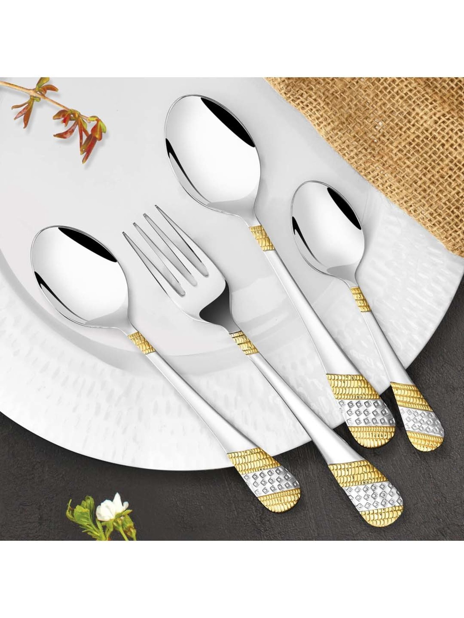 FnS Imperio Silver & Gold Stainless Steel Cutlery - Set of 24