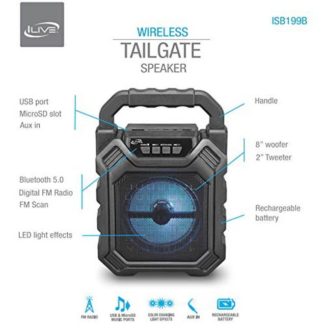 iLive ISB199B Wireless Tailgate Party Speaker, with LED Light Effects and Built-in Rechargeable Battery, Black