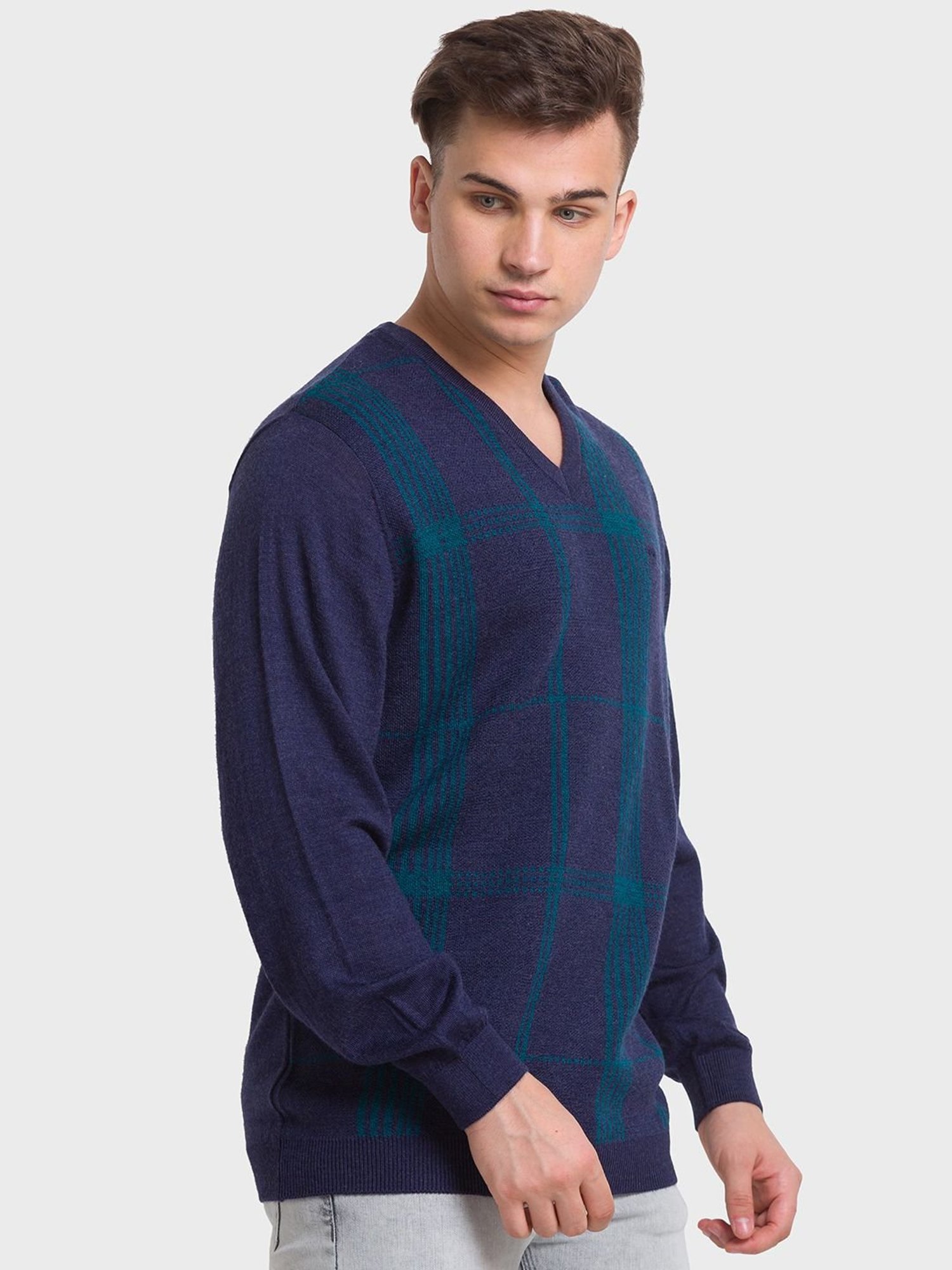ColorPlus Blue Tailored Fit Checks Sweaters