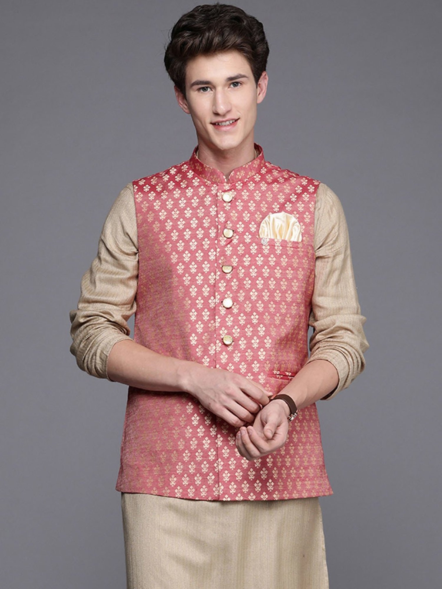 Manyavar Brick Red Regular Fit Self Design Nehru Jacket