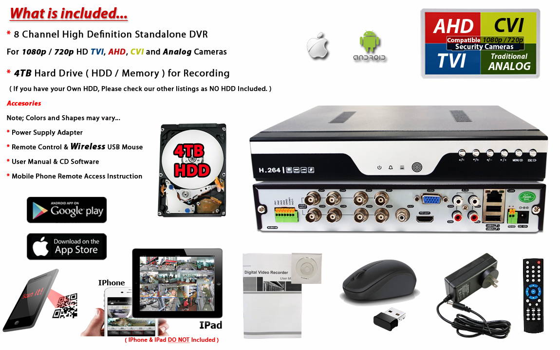 Evertech 8 Channel Security DVR Recorder H.264 / H.265 Hybrid 4in1 AHD TVI CVI Analog CCTV Security Camera System Digital Video Recorder 4TB Hard Drive