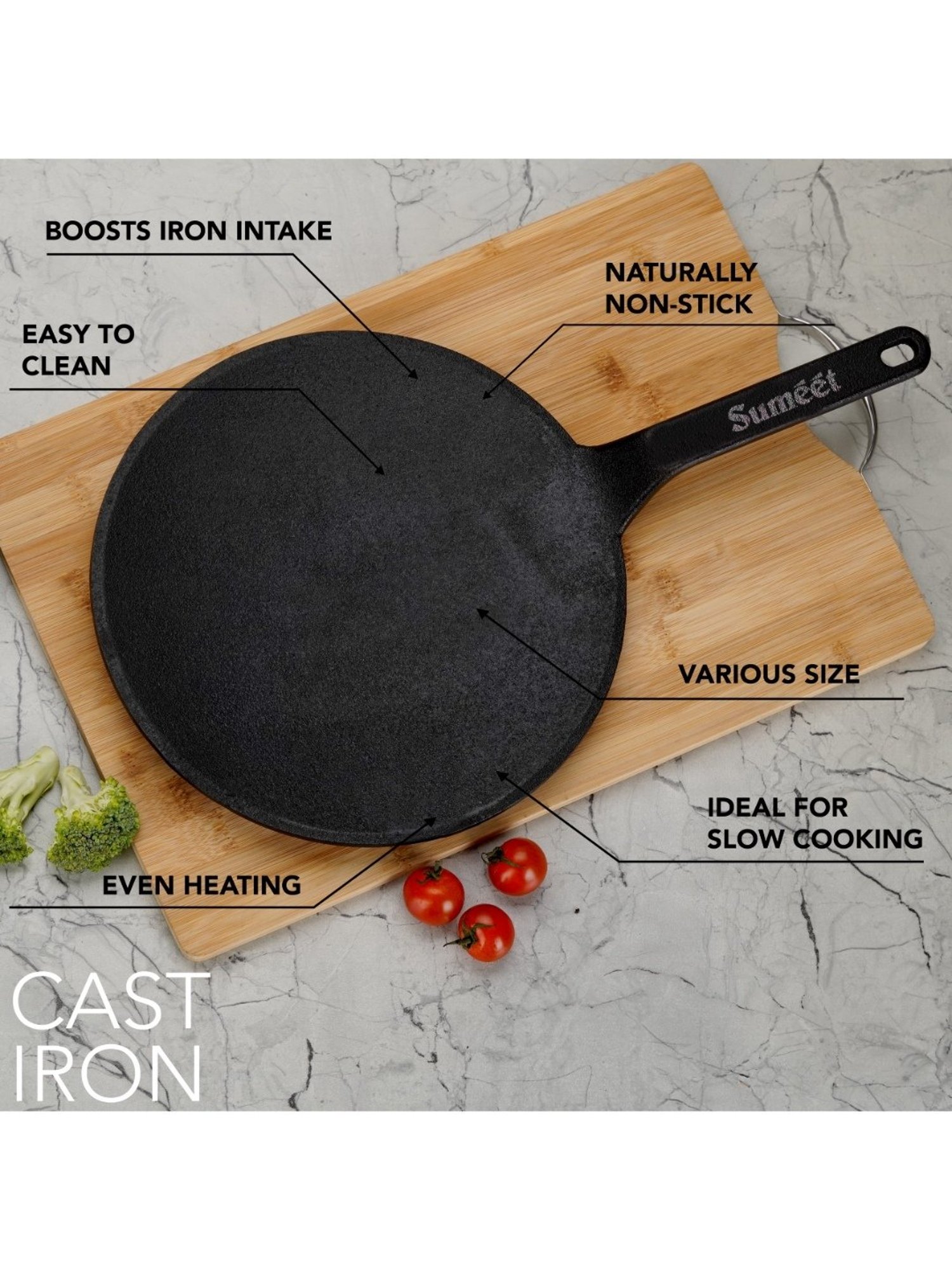 Sumeet Gold Series Pre Seasoned Cast Iron Concave Tawa for Roti 27cm 1.8kg, Gas & Induction-Friendly