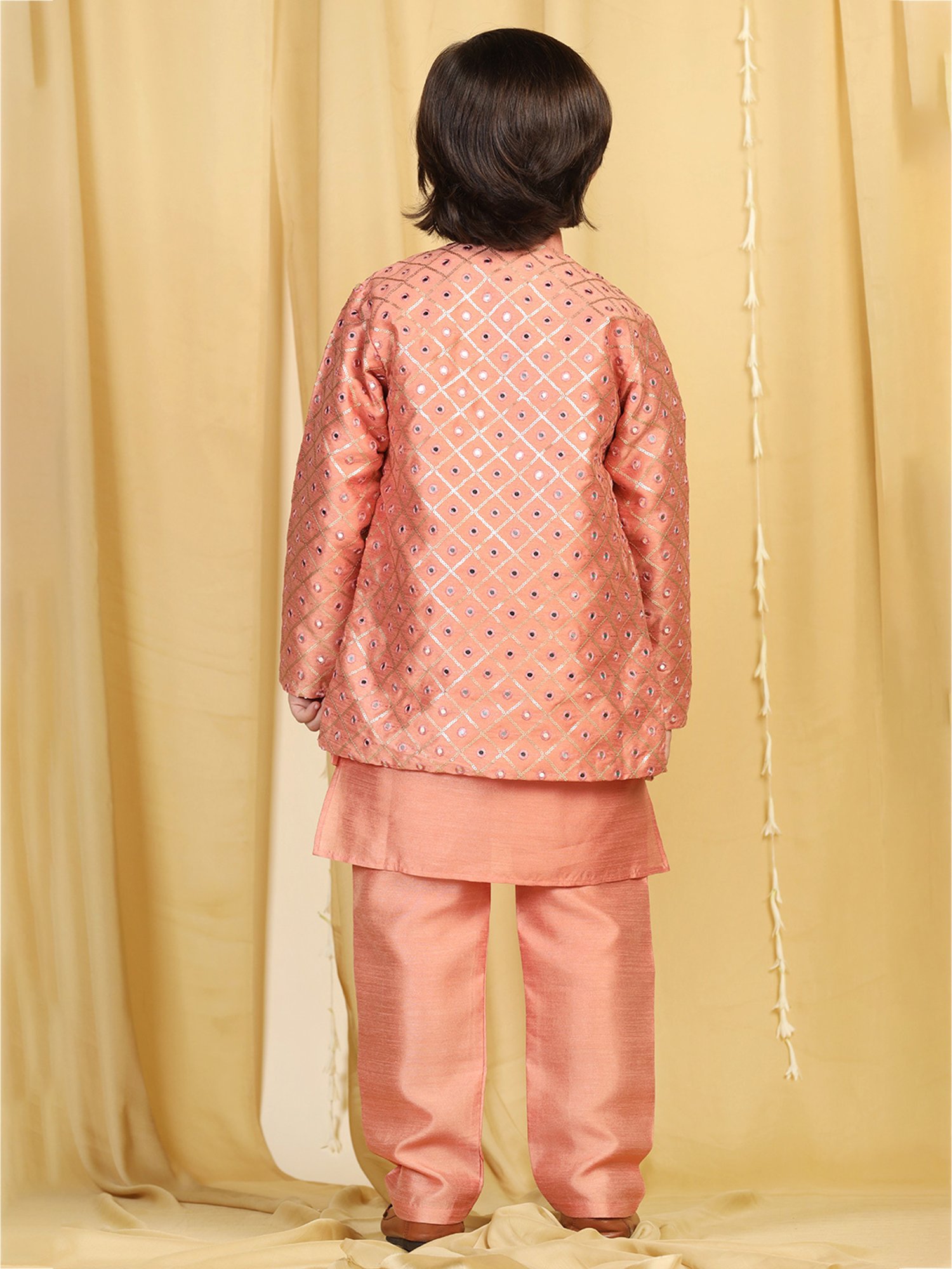 AJ Dezines Kids Peach Embellished Full Sleeves Kurta, Pyjamas with Jacket