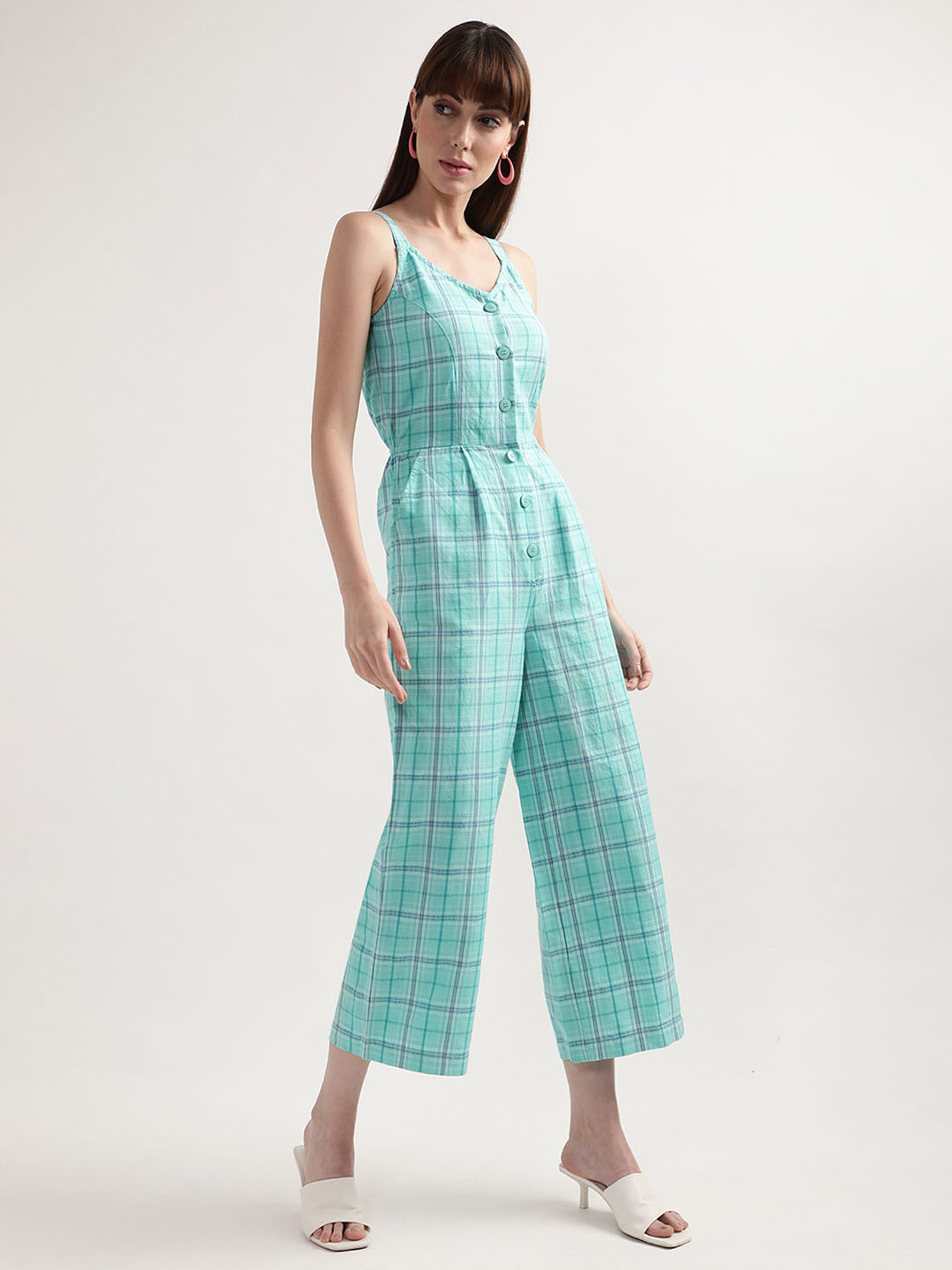 Elle Turquoise Linen Checks Jumpsuit