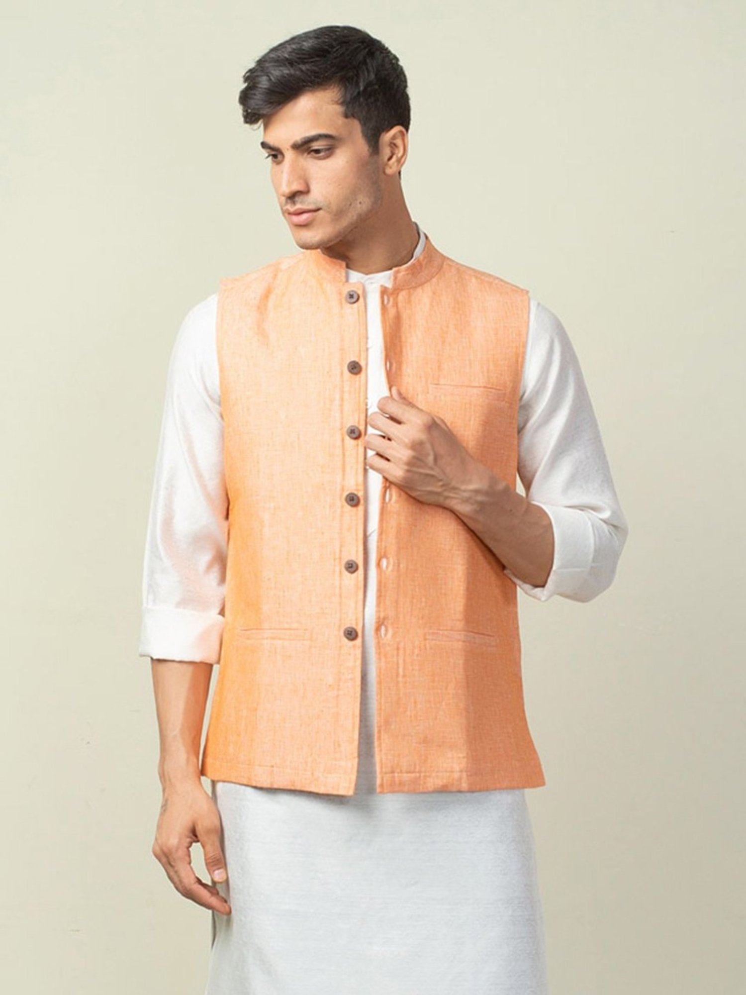 Fabindia Orange Regular Fit Printed Linen Nehru Jacket