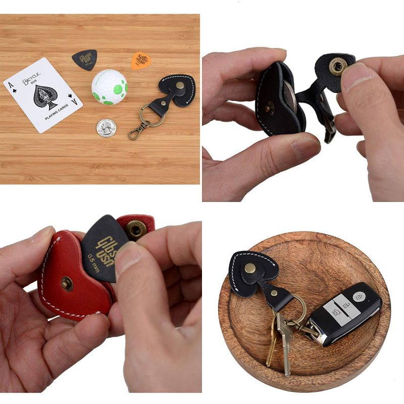 Richbud Full Grain Leather Spade Ace Coin Holder Key Chain Ring Guitar Picks Golf Ball Markers Case (Red)