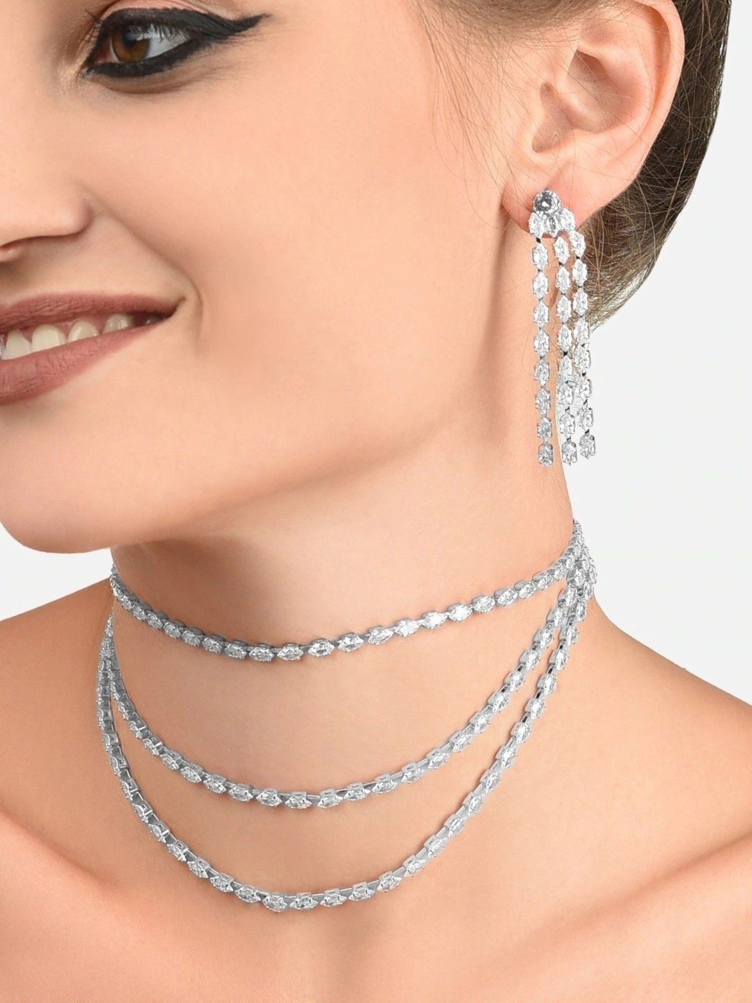 Zaveri Pearls Silver Tone Marquise Cubic Zirconia Layered Necklace, Earring & Bracelet Set