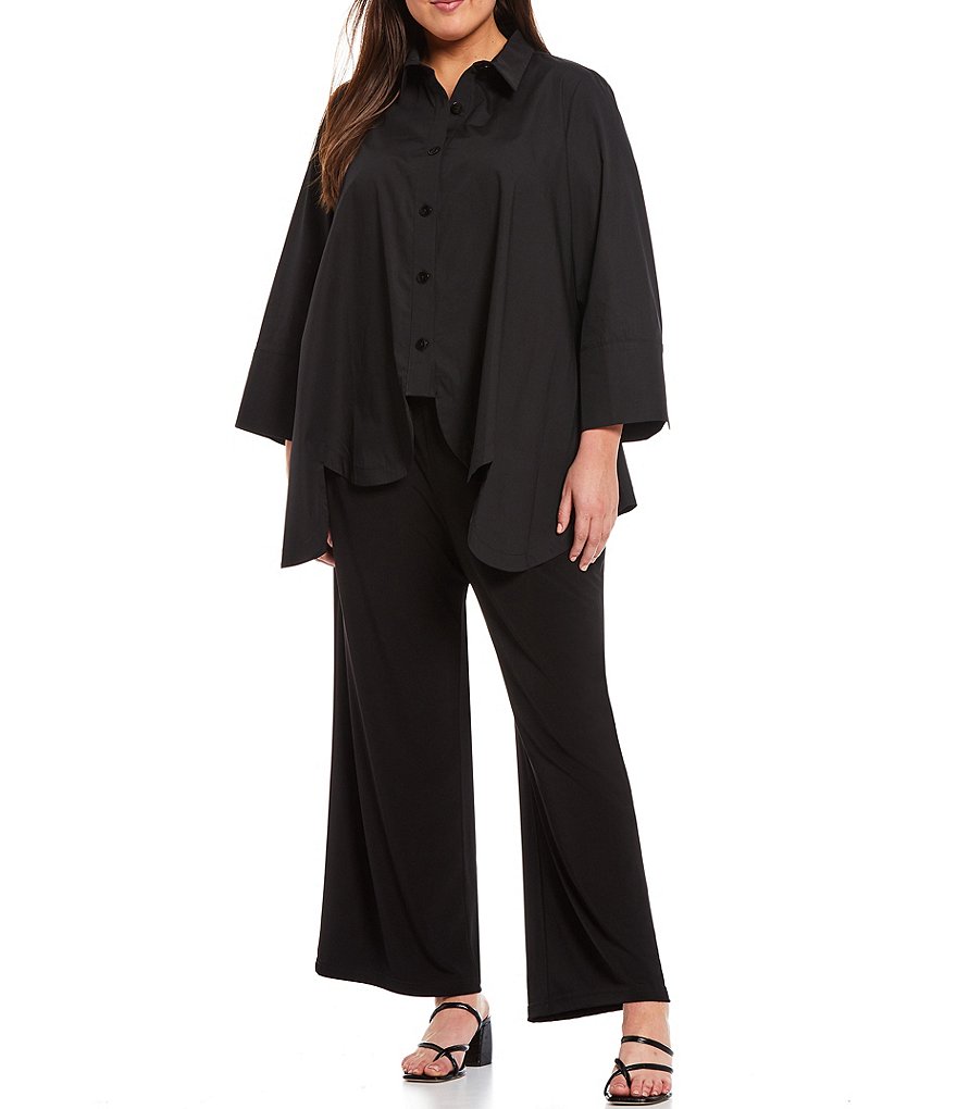 IC Collection Plus Size Scallop Hem Button Front Point Collar Neck Bracelet 3/4 Sleeve Blouse