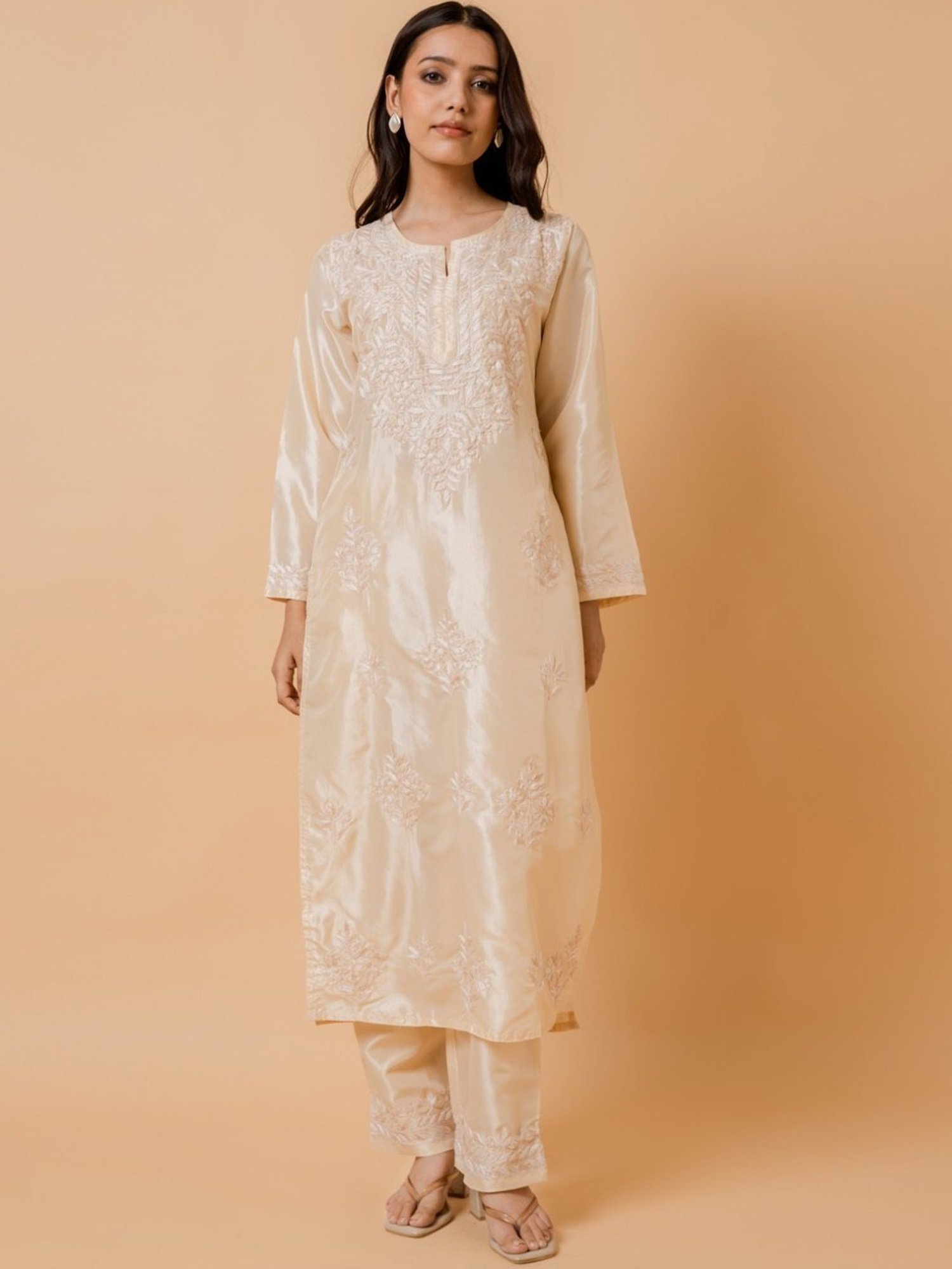 House of Kari Beige Fizaa'S Silk Chikankari Kurta
