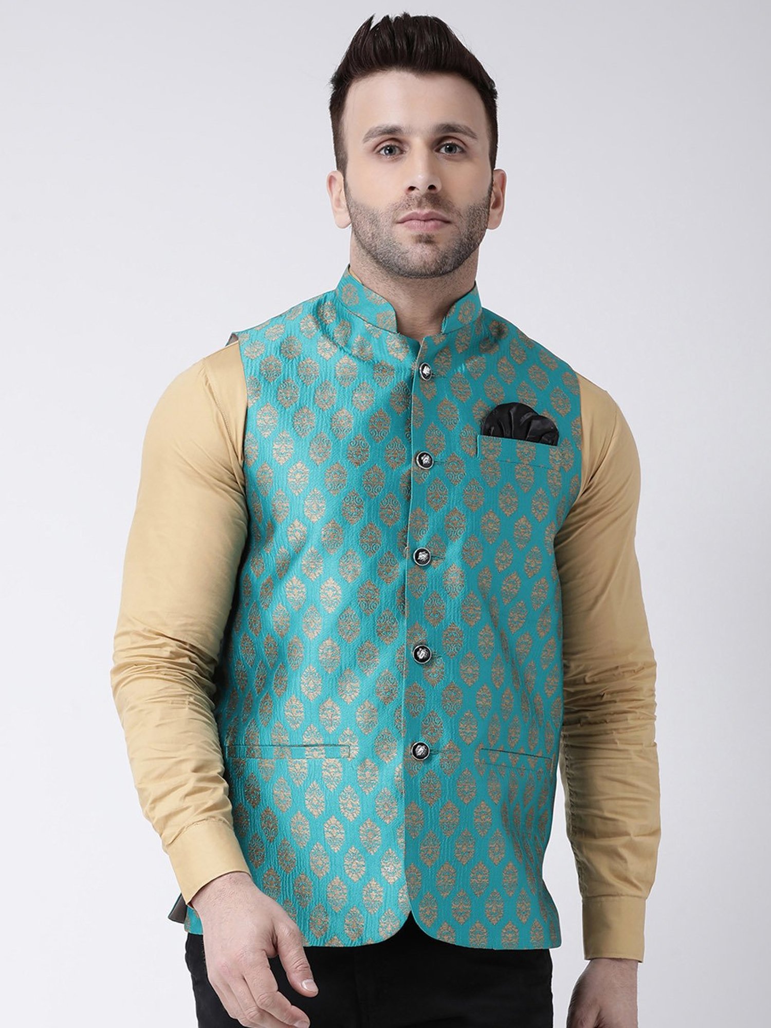 Hangup Plus Turquoise Regular Fit Jacquard Nehru Jacket