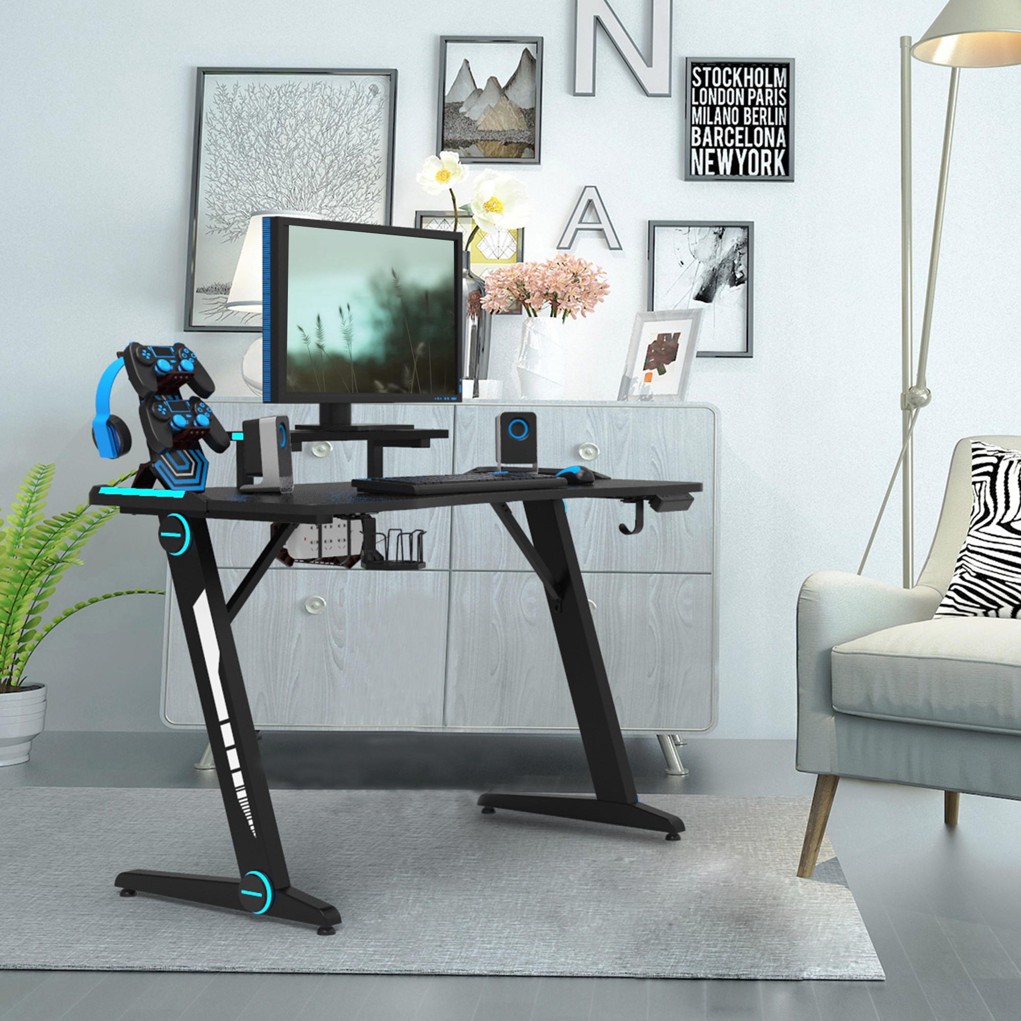 TakeIt Gaming Desk Z-Shaped Computer Desk 47" Gamer Workstation with Monitor Stand & Carbon Fiber Surface Gamer Table with RGB Lights Cup Holder Headphone Hook & Plug Board Holder