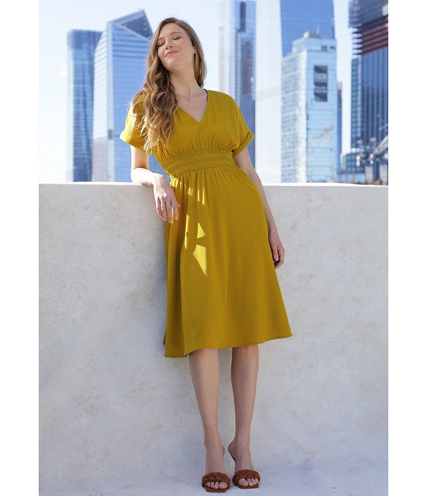 London Times Short Sleeve Elastic Smocked Waist V-Neck Midi Dress