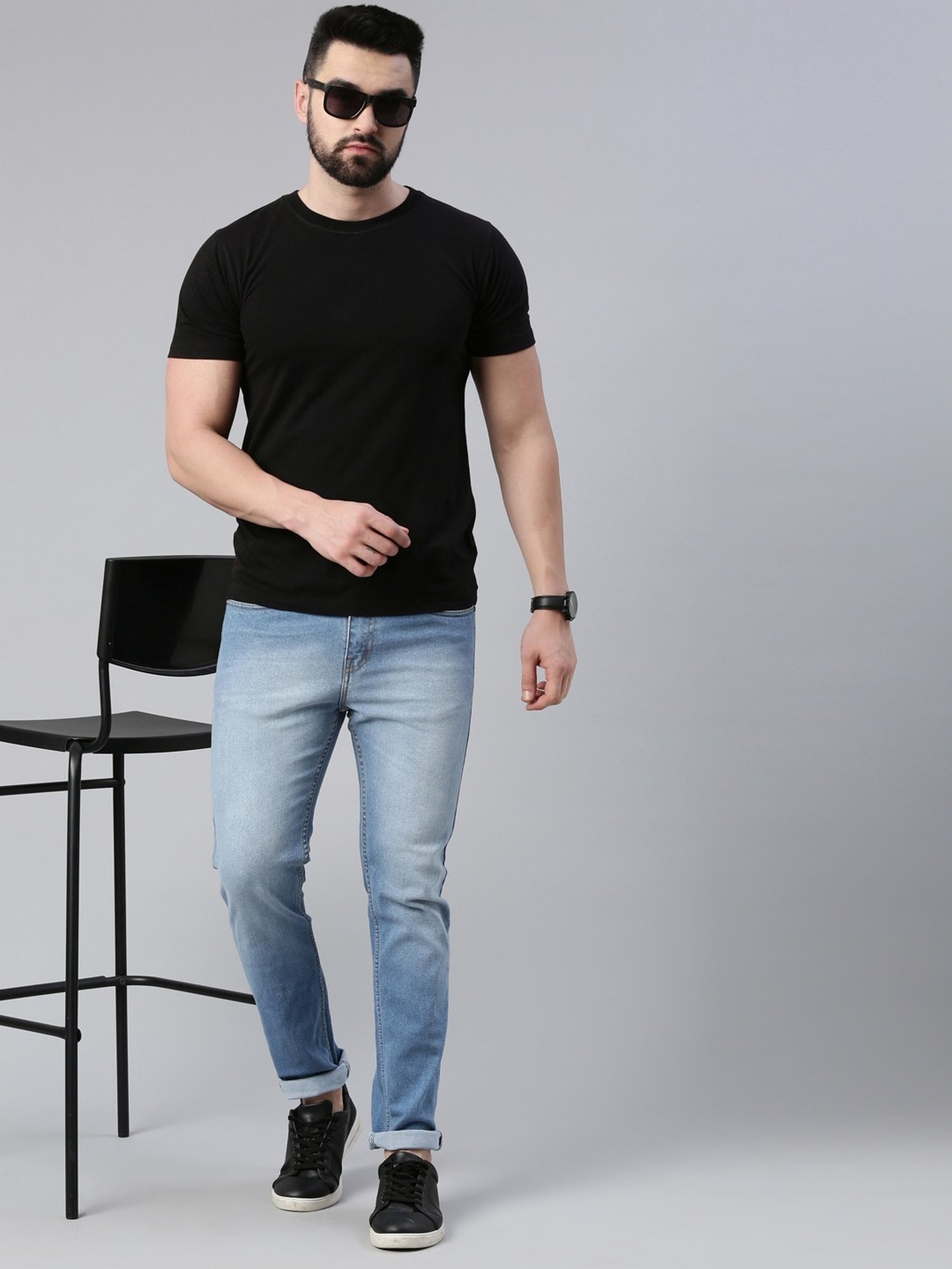 CINOCCI Sky Blue Cotton Slim Fit Jeans