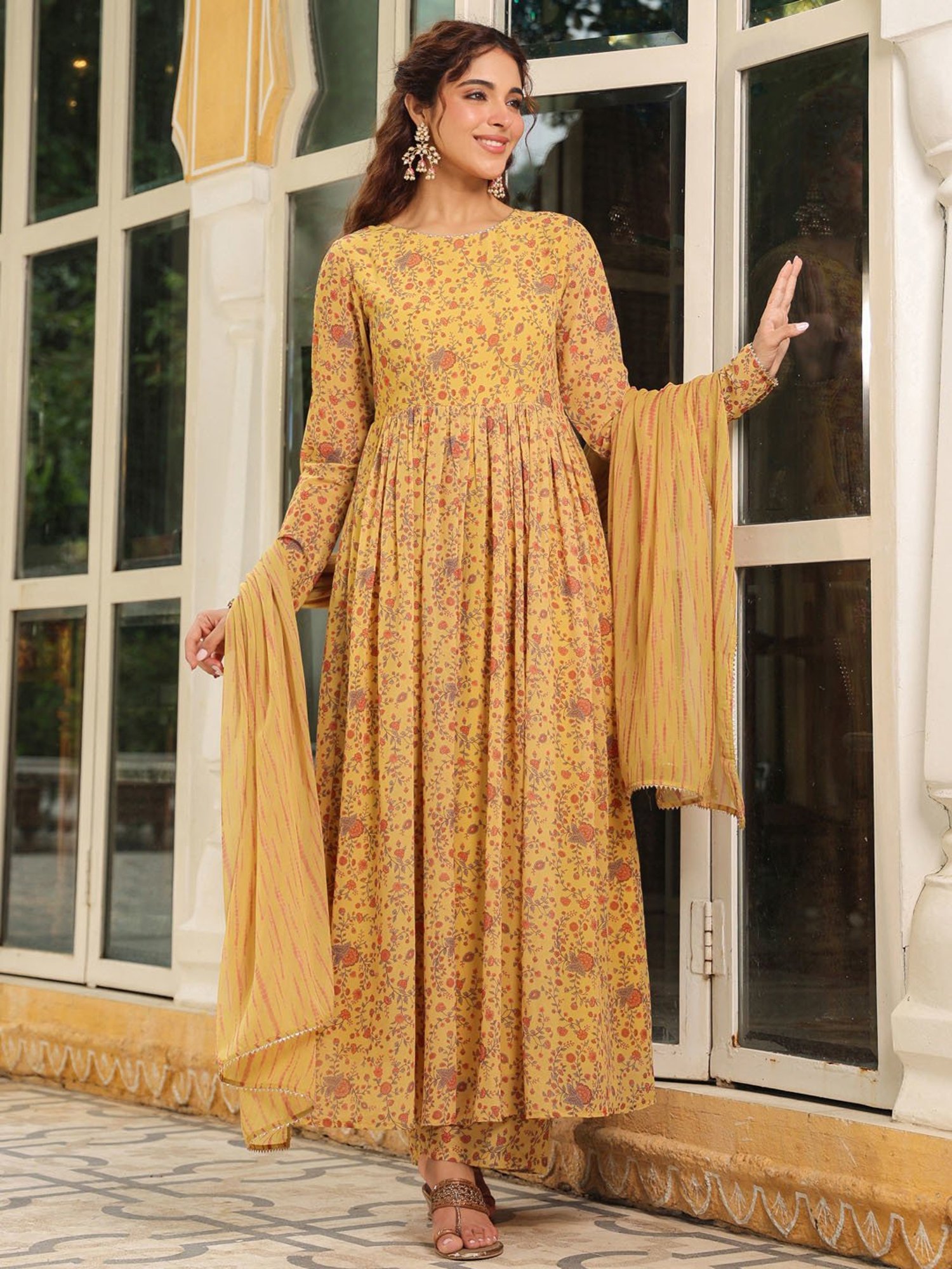 Janasya Mustard Georgette Printed Kurta With Pant & Dupatta