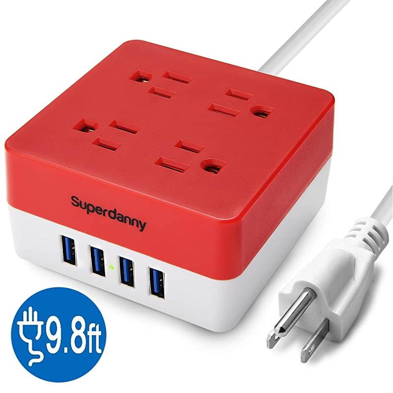 USB Power Strip Surge Protector -  Mountable Charging Station with 4 Widely Spaced AC Outlets & 4 Smart USB Ports, 5ft Desktop Extension Cord for Home, Office, Hotel, Dorm Room, RV, Red