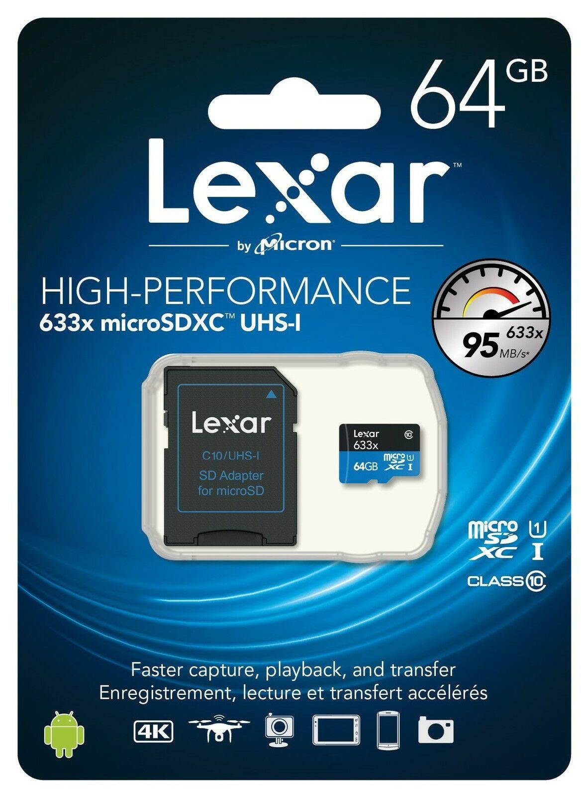 Lexar High-Performance microSDXC 633x 64GB UHS-I Card w/SD Adapter - LSDMI64G...