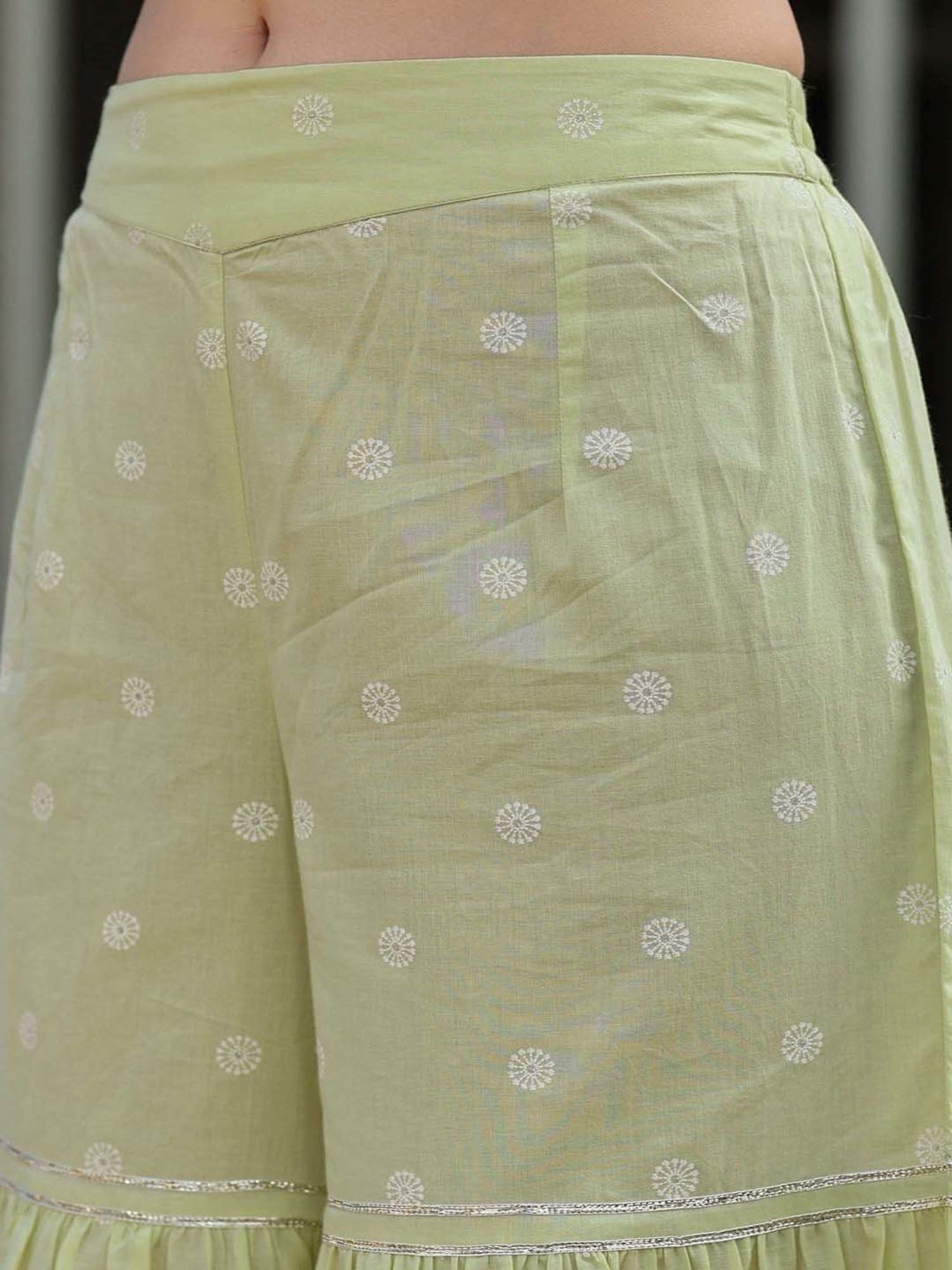 Juniper Lime Green Ethnic Motif Cotton Lacy Kurta Sharara & Dupatta Set With Beads & Sequins Work