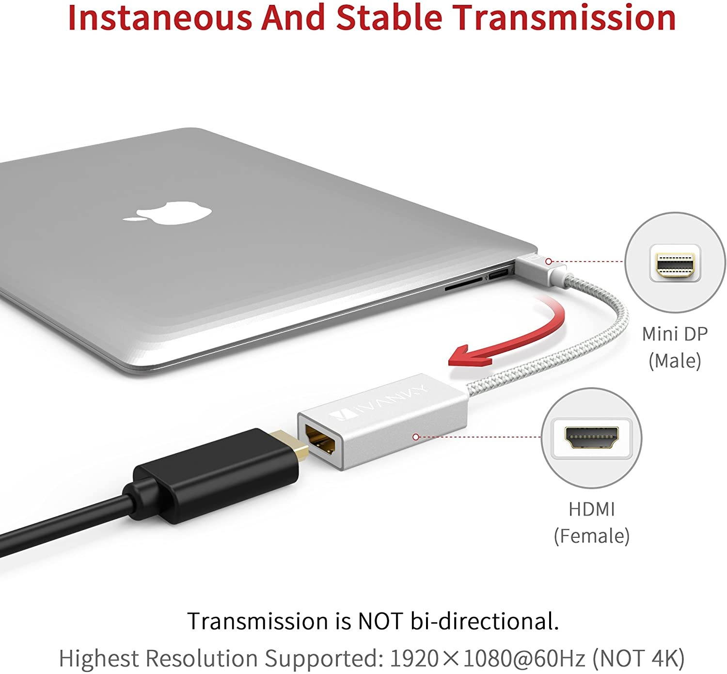 Mini DisplayPort to HDMI Adapter [Super Slim Aluminum Shell Nylon Braided] - iVanky Mini DP to HDMI Adapter for MacBook Air/Pro Microsoft Surface Pro/Dock Monitor Projector and More - Silver