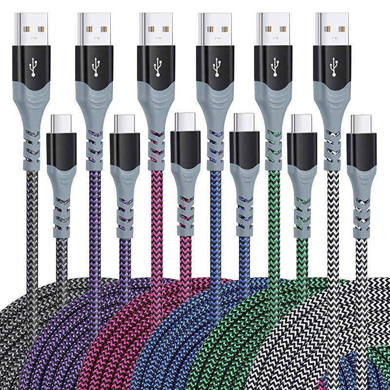 USB Type C Cable 10ft Fast Charging,  (6Pack 10ft) USB-A to USB-C Charge Braided Cord Compatible with Samsung Galaxy S10 S10E S9 S8 S20Plus Note 10 9 8,Moto Z-Black,White,Blue,Green,Purple,Rose