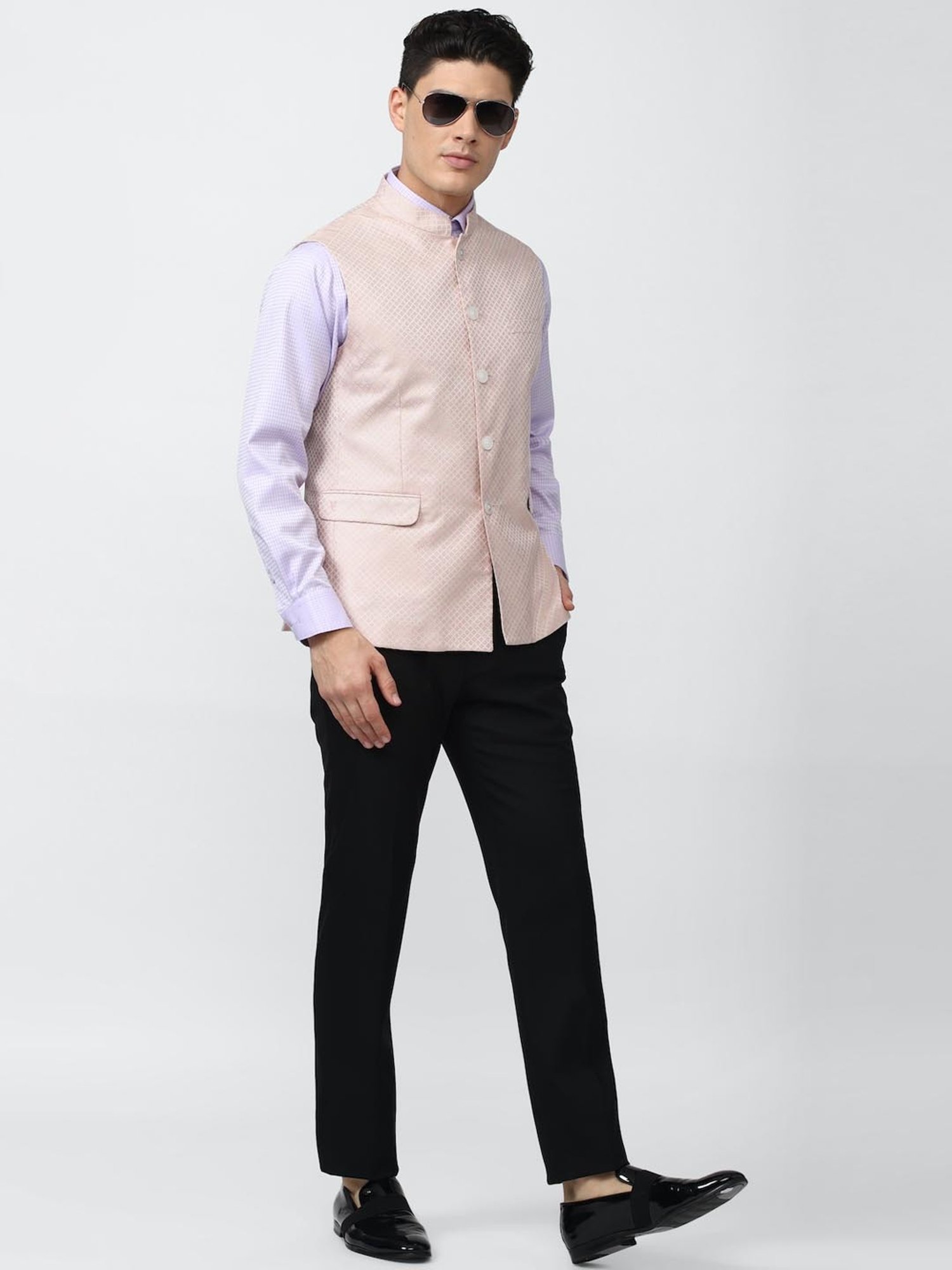 V Dot Pink Slim Fit Self Pattern Nehru Jacket