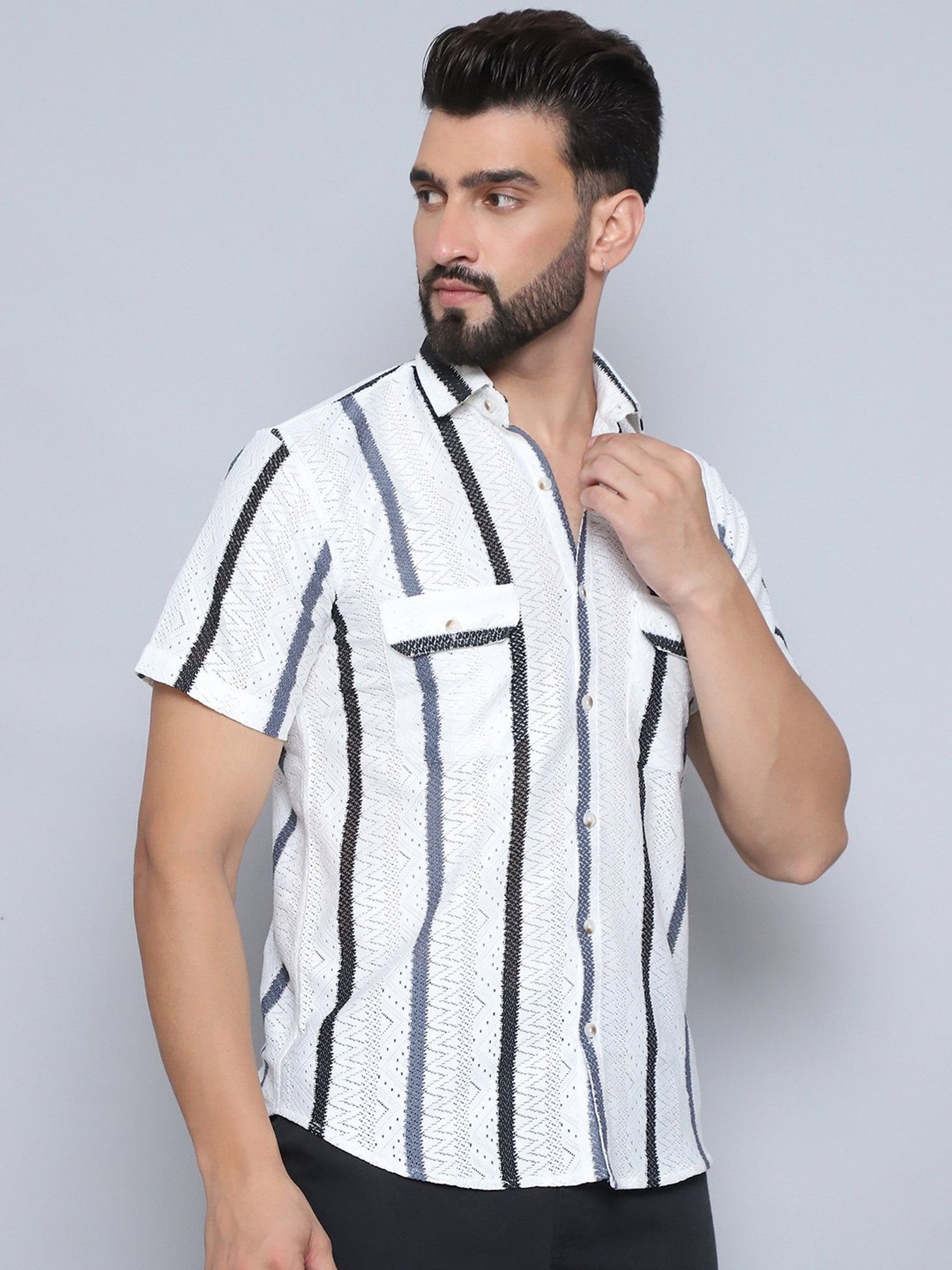 Indian Needle Grey Polycotton Regular fit Stripes Casual Shirt