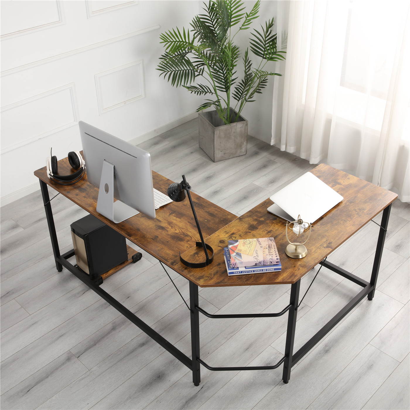 wooden compute desk ,metal frame ,suit for home office,Brown
