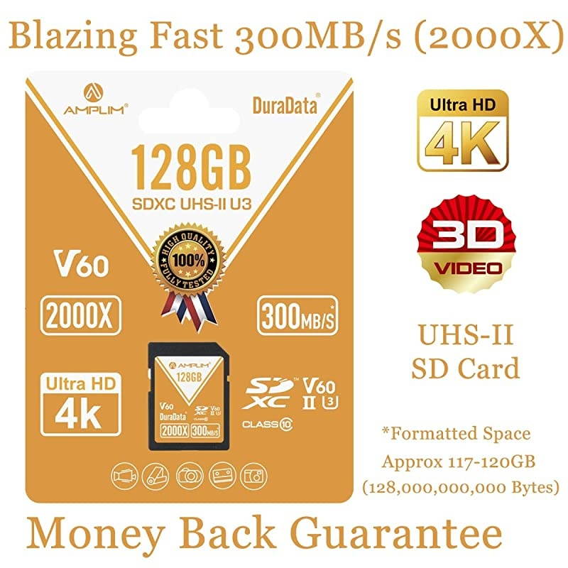 UHSII SD Card 128GB SDXC  High Performance 300MBS 2000X UHS2 Extreme Speed 128 GB128G XC Memory Card V60 4K 8K UHSII TF Flash for Fujifilm Nikon Olympus Panasonic Sony Video Cameras