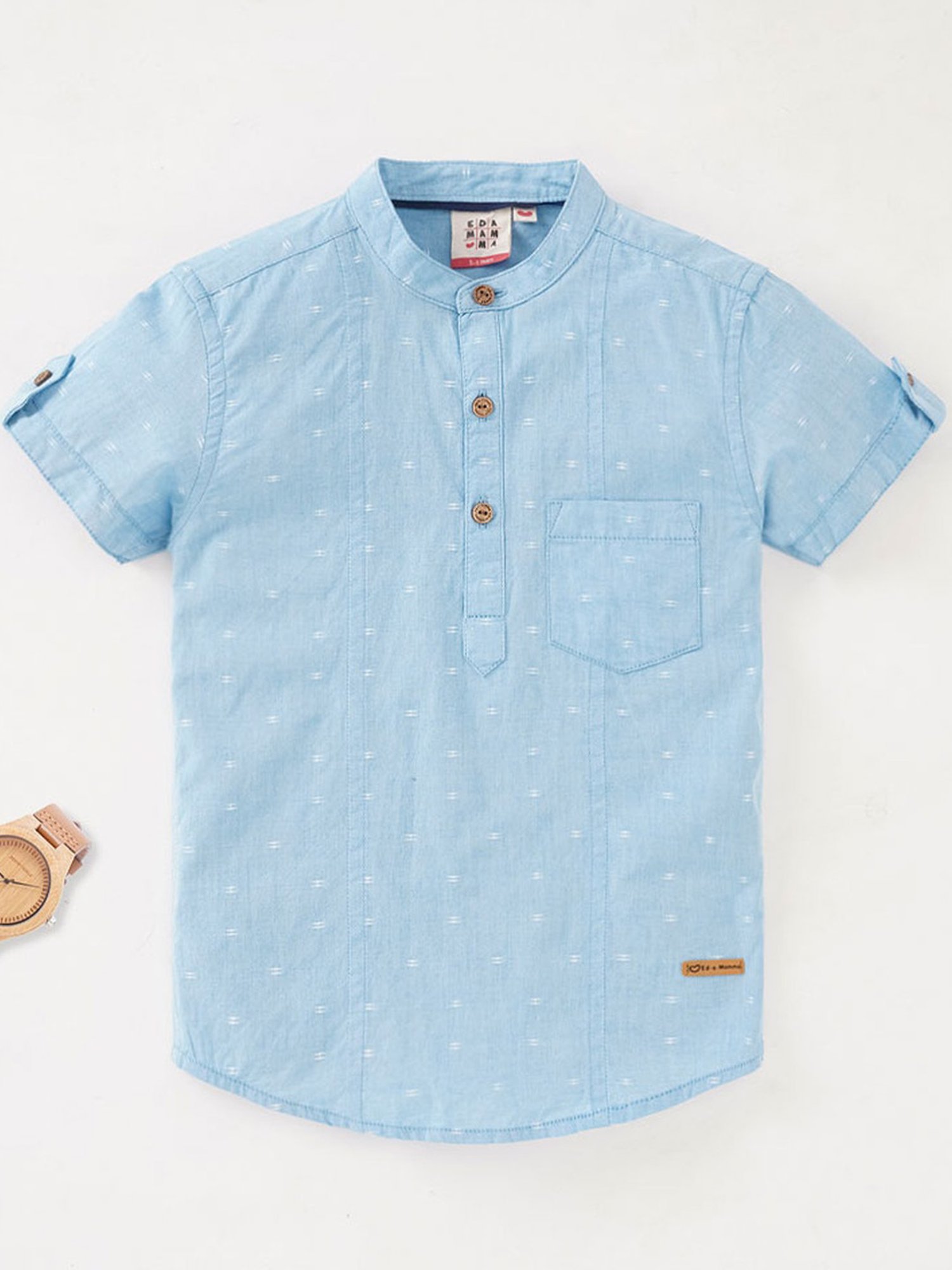 Ed-a-Mamma Kids Blue Cotton Self Pattern Shirt