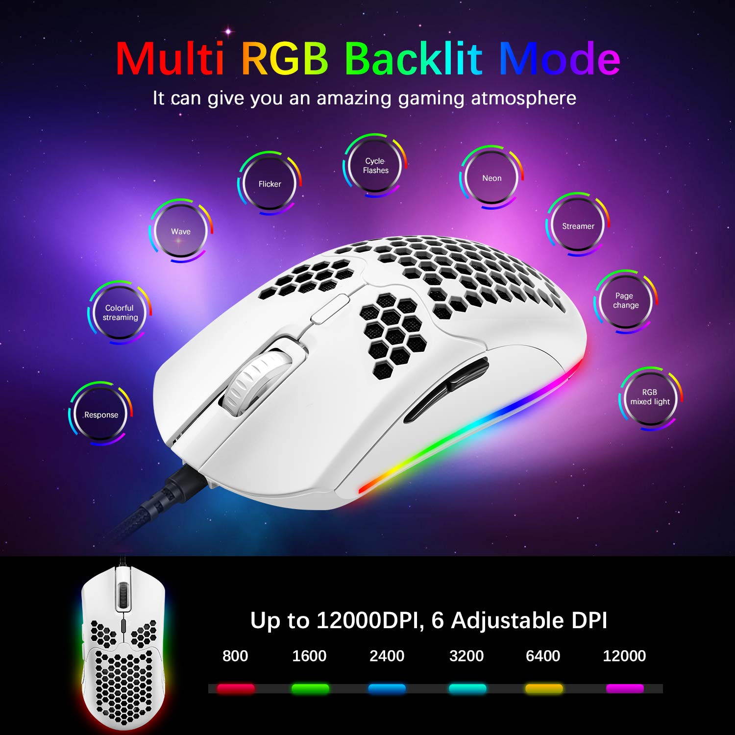 Lightweight Wired Gaming Mouse with 7 Button 26RGB Backlit Programmable Driver PAW3325 12000 DPI Optical Sensor Ultralight Ergonomic 65G Honeycomb Shell Ultraweave Cable for PC Xbox PS4 Gamer