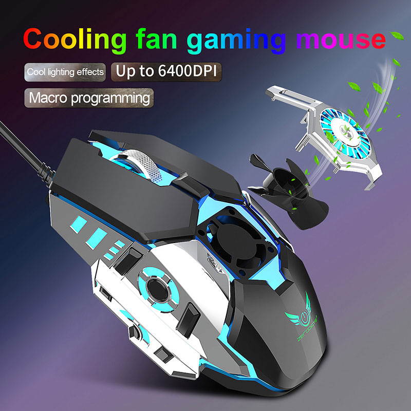 LED Backlight Mute Computer Mouse Gamer 7 Buttons 6400DPI Adjustable For PC USB Wired Cooling Fan Gaming Mouse