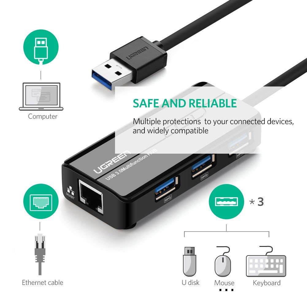 Updated 3-Port USB 3.0 Hub with RJ45 10/100/1000 Gigabit Ethernet Adapter Converter LAN Wired USB Network Adapter, USB 3.0/Type C to RJ45 1 Gigabit Port for Ultrabooks, Notebooks, Tablets and More